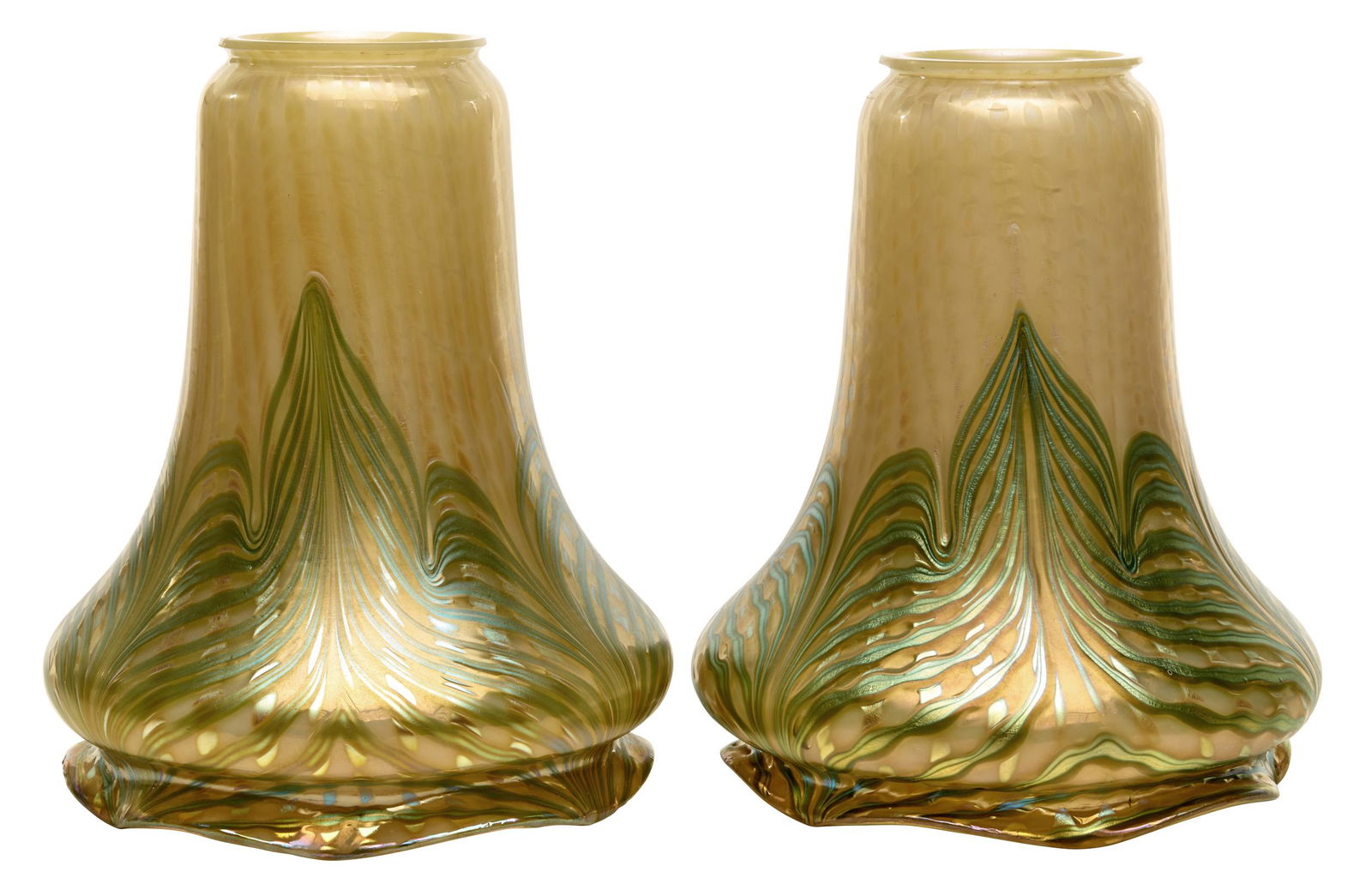 Loetz shades, two, attributed: LoetzPhanomen 2/187 shades, twoAustria, 1902iridescent glassunsigned6.5"h x 5.5"dia