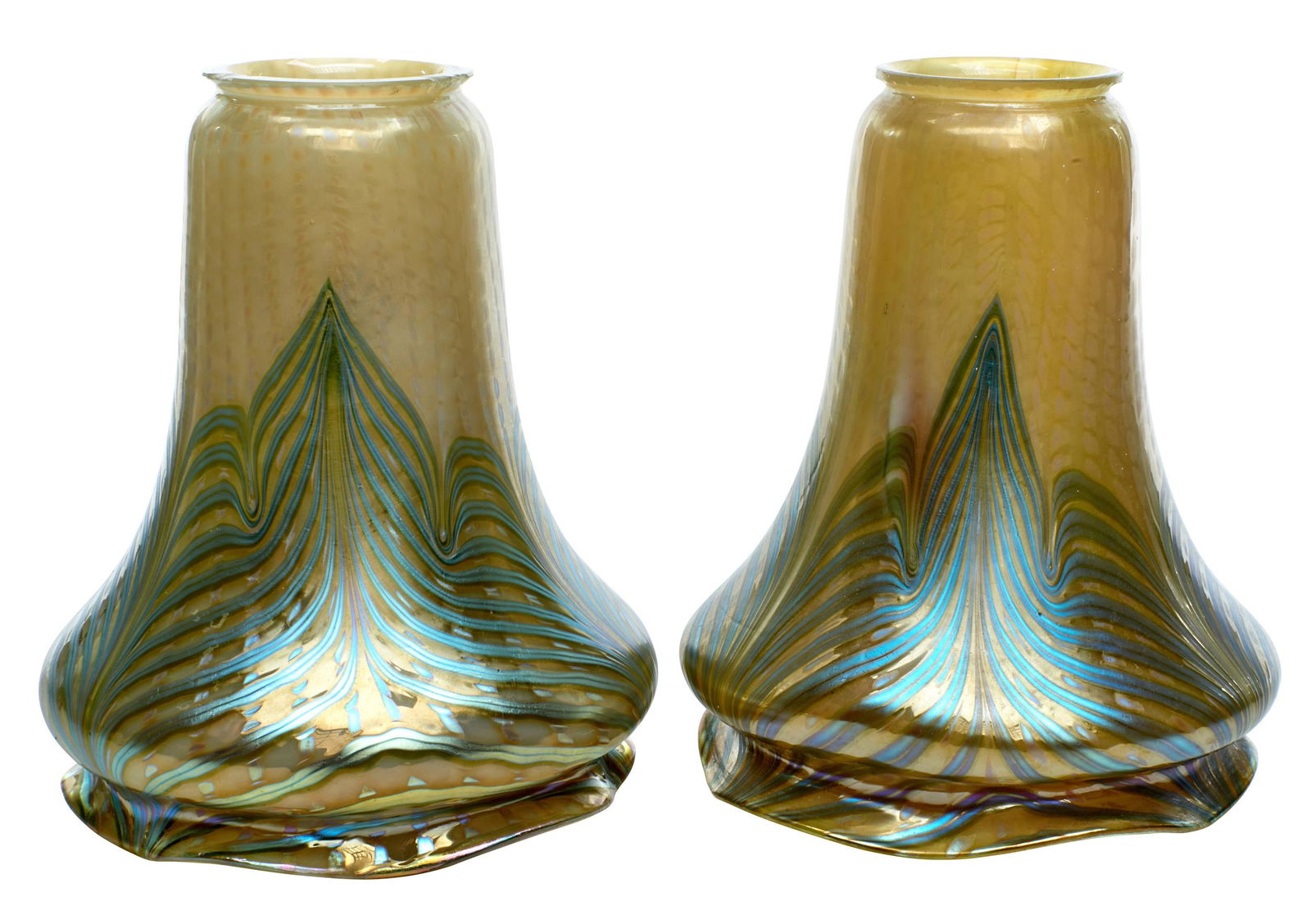 Loetz shades, two, attributed: LoetzPhanomen 2/187 shades, twoAustria, 1902iridescent glassunsigned6.5"h x 5.5"dia
