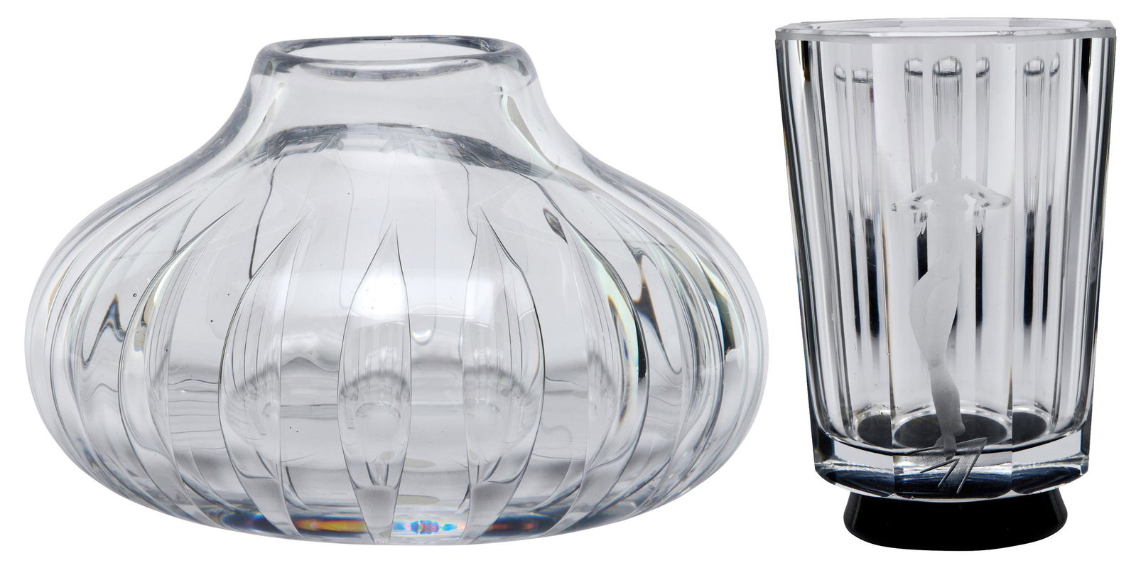 V. Lindstrand for Kosta Boda Ariel vase with an: V. Lindstrand for Kosta Boda Ariel vase Sweden glass incised marks with an Orrefors vase larger: 3.75"h x 6"dia