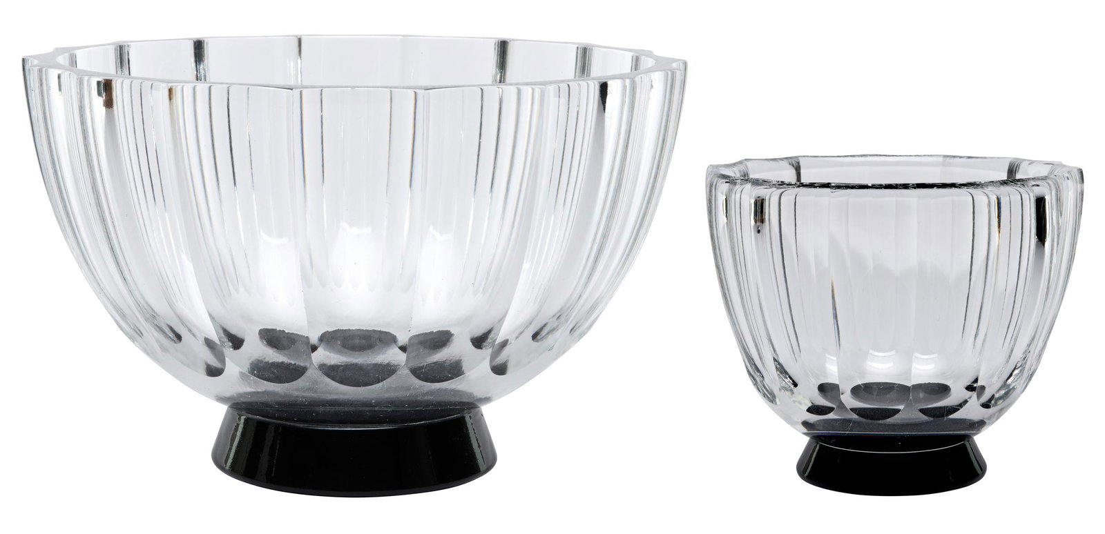 Orrefors bowls, two: V. Lindstrand for Orrefors bowl Sweden glass incised marks with a Gustav Abels for Orrefors bowl larger: 4.5"h x 7.25"dia