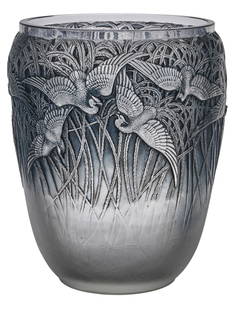 Rene Lalique Aigrettes vase: Rene LaliqueAigrettes vaseFranceetched glassincised signature9.75"h x 8"dia