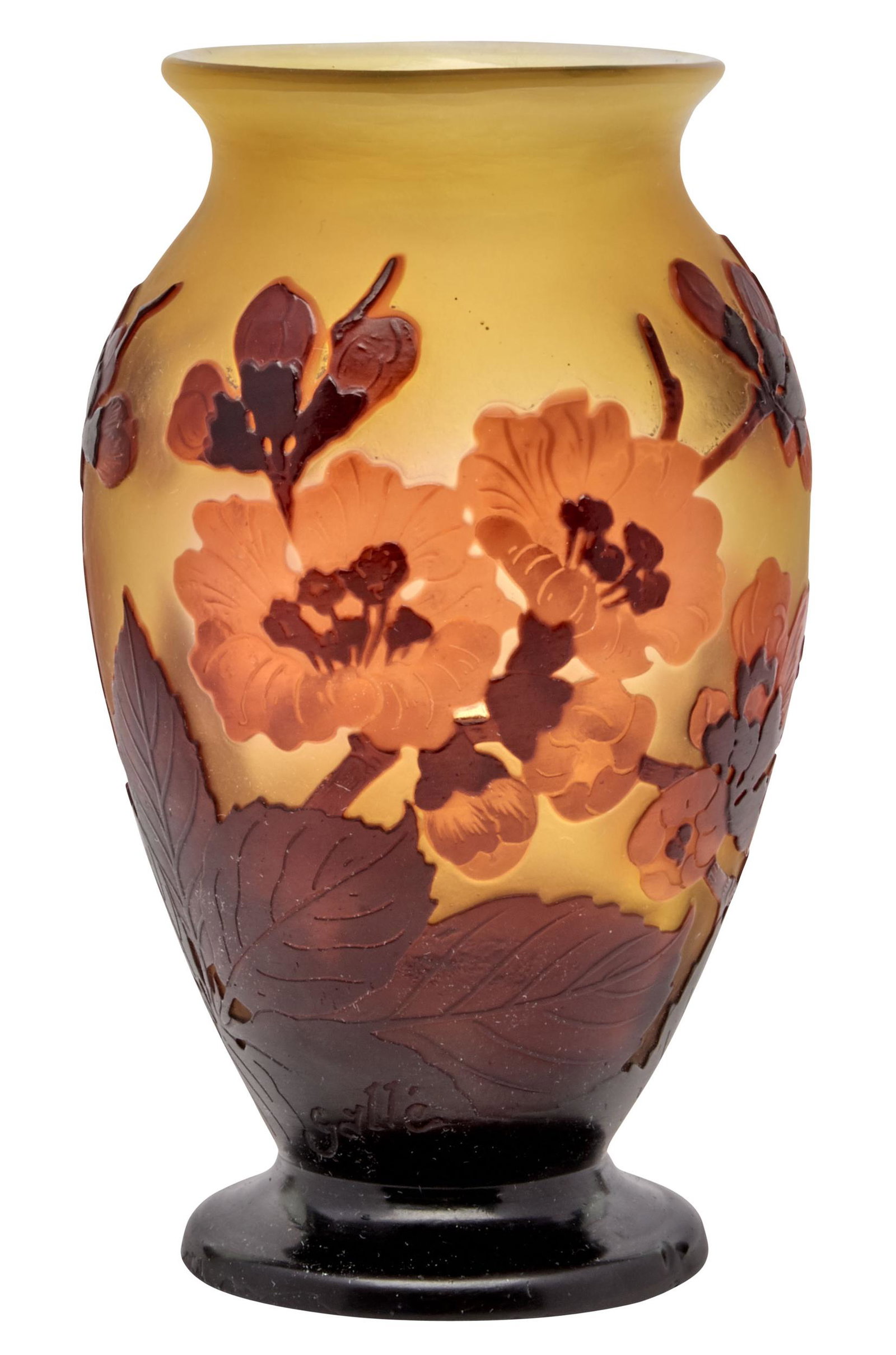 Galle Floral vase: Galle Floral vase Nancy, France cameo cut glass signed, partial paper label 5.5"h x 3.5"dia