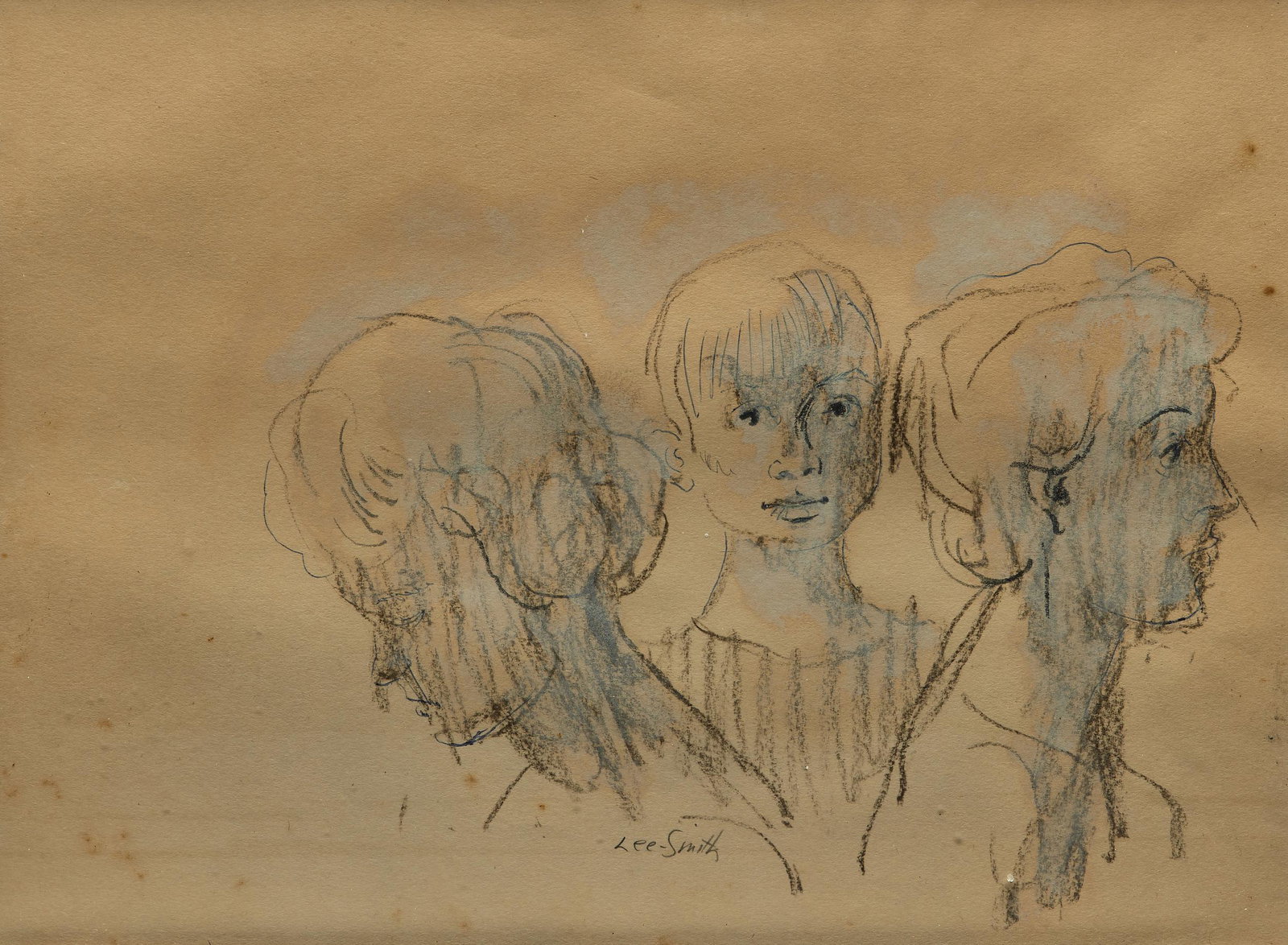 Hughie Lee Smith pencil drawing of two women and a boy: Hughie Lee-Smith (1915-1999) untitled, Sketch of Three Women, c. 1950 pencil drawing with white heightening 8.5 x 11.75 inches signed