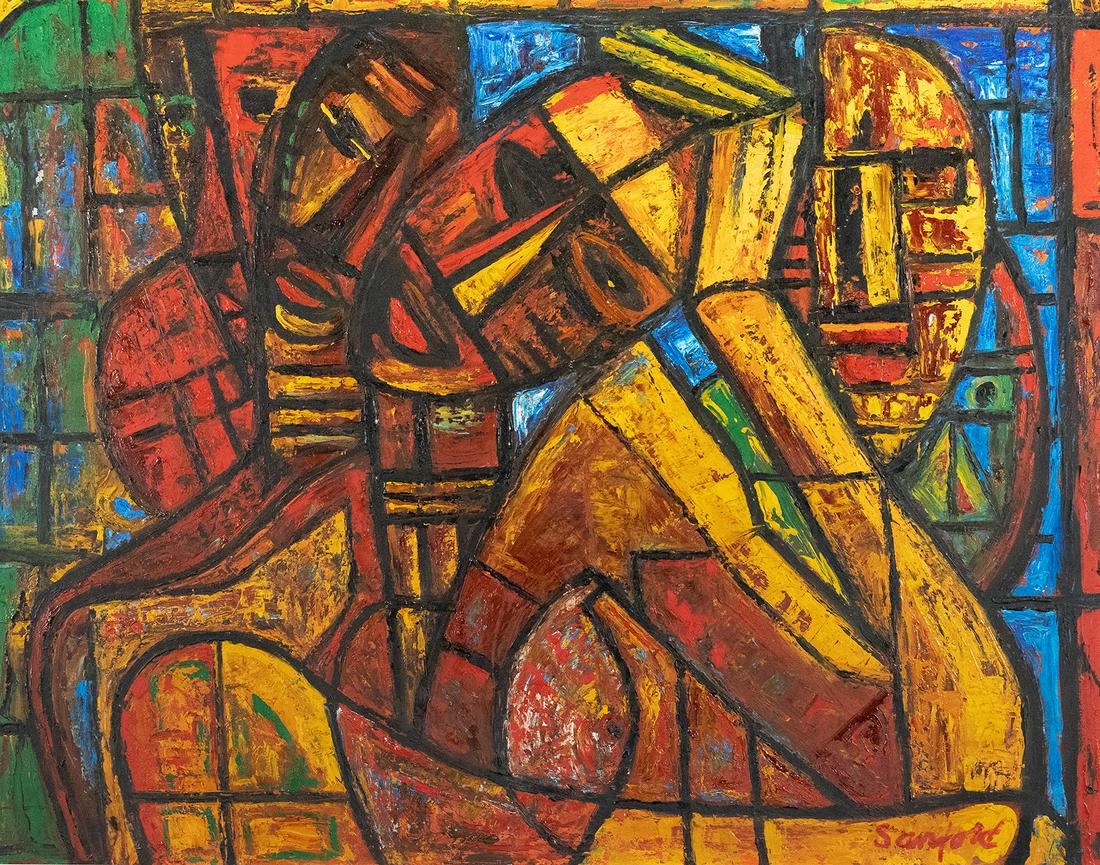Walter Sanford Masks: Walter Sanford (1912-1987)Masks, c. 1960oil on boardsigned21-1/4 x 27-1/4 inchesunframed