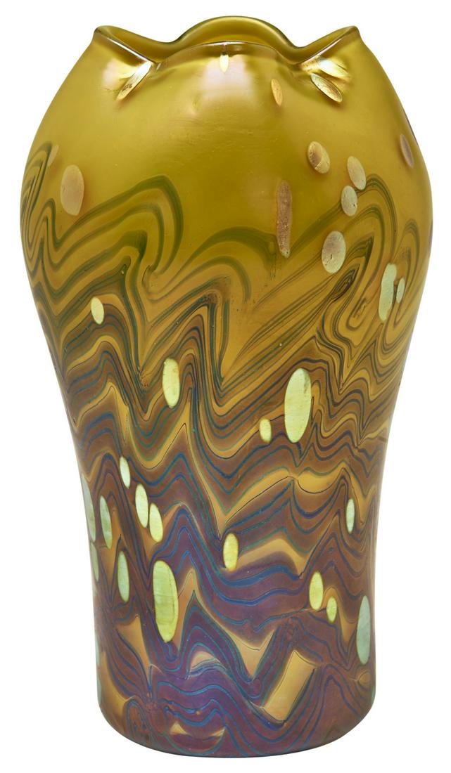 Loetz Cytisus vase: LoetzCytisus vaseAustriapulled and decorated iridescent glassunsigned7"h x 4"dia