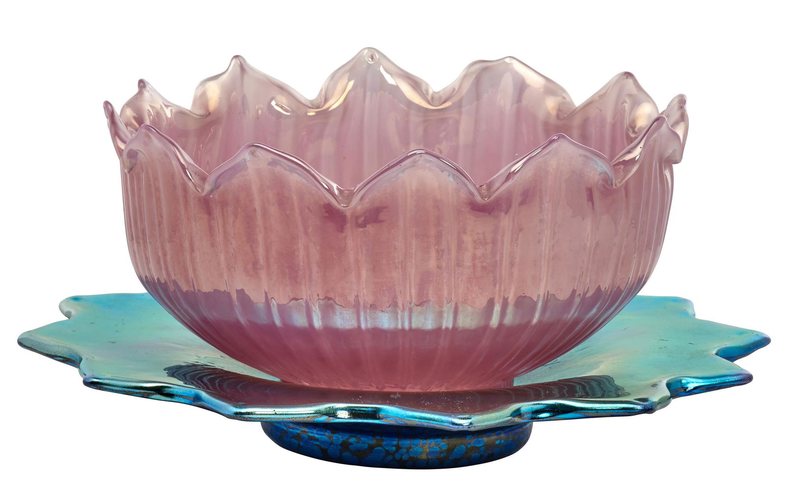 Loetz set: Loetzbowl and underplate setAustriairidescent glassacid mark overall: 3.75"h x 8"dia
