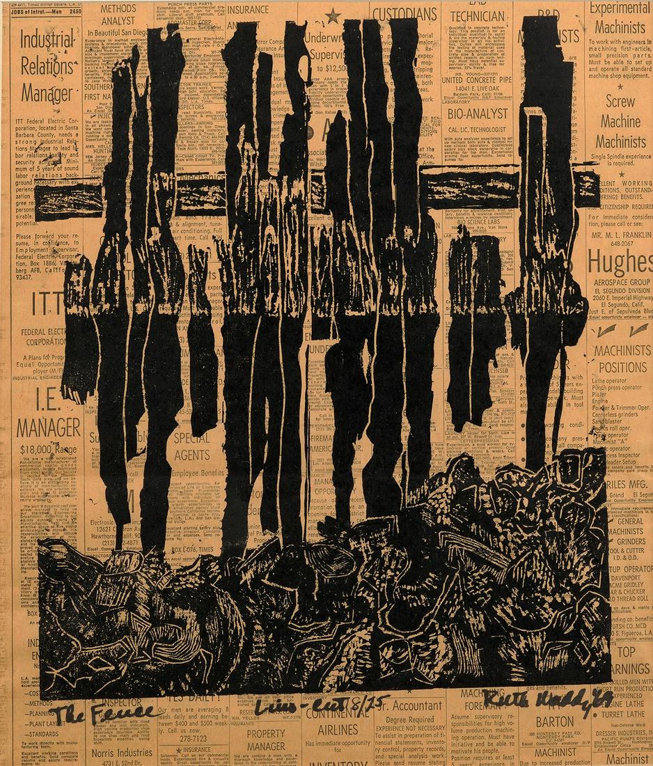 Ruth Waddy The Fence: Ruth Waddy (1909-2003) The Fence, 1969 linocut on newspaper signed, dated, titled, and numbered 18/25 16-1/2 x 14 inches framed