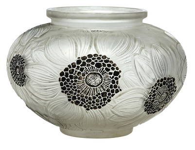 Rene Lalique Dahlias vase: Rene Lalique Dahlias vase France molded and stained glass signed 5"h x 7.25"dia