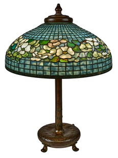 Tiffany Studios Dogwood table lamp: Tiffany Studios Dogwood table lamp leaded glass and bronze New York, NY base and shade signed 28"h x 20"dia