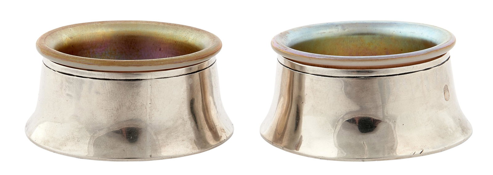 Potter Studio sterling silver salts with Steuben glass: Potter Studio salts, pair Cleveland, OH sterling silver, iridescent glass impressed hallmarks with Steuben glass inserts each: 1"h x 2.5"dia