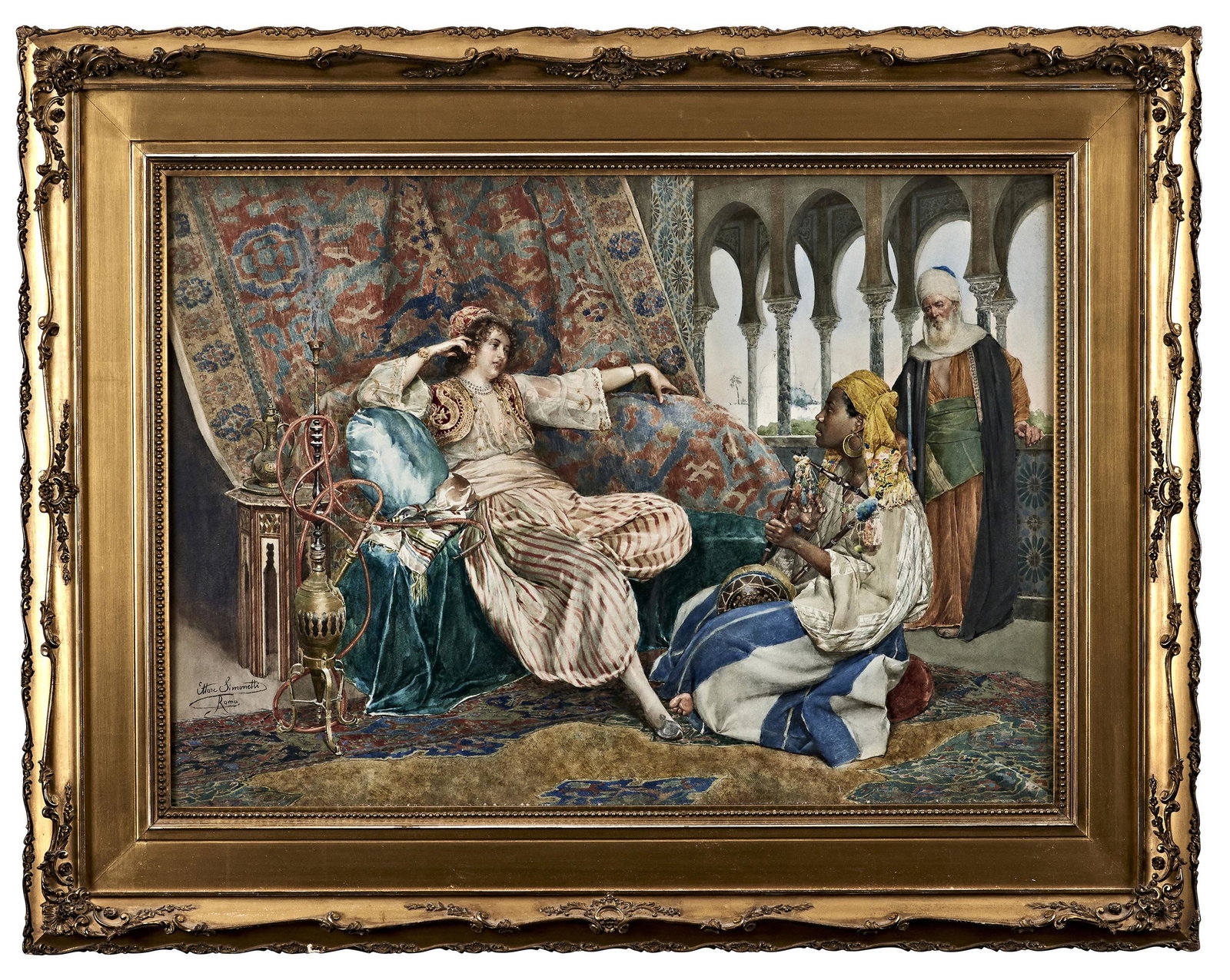 Ettore Simonetti painting: Ettore Simonetti (Italian, 1857-1909)Musicians Visitwatercolor on papersignedimage: 21"h x 29.5"w frame: 31"h x 39.5"w