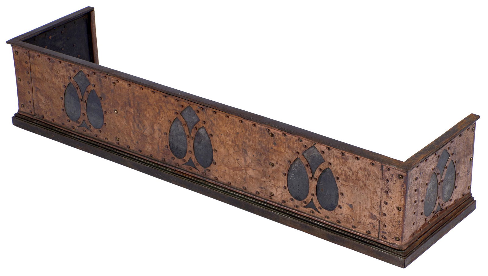 English Arts & Crafts fireplace fender: English Arts & Crafts fireplace fender England iron and copper unmarked 50"w x 10"h x 13" d