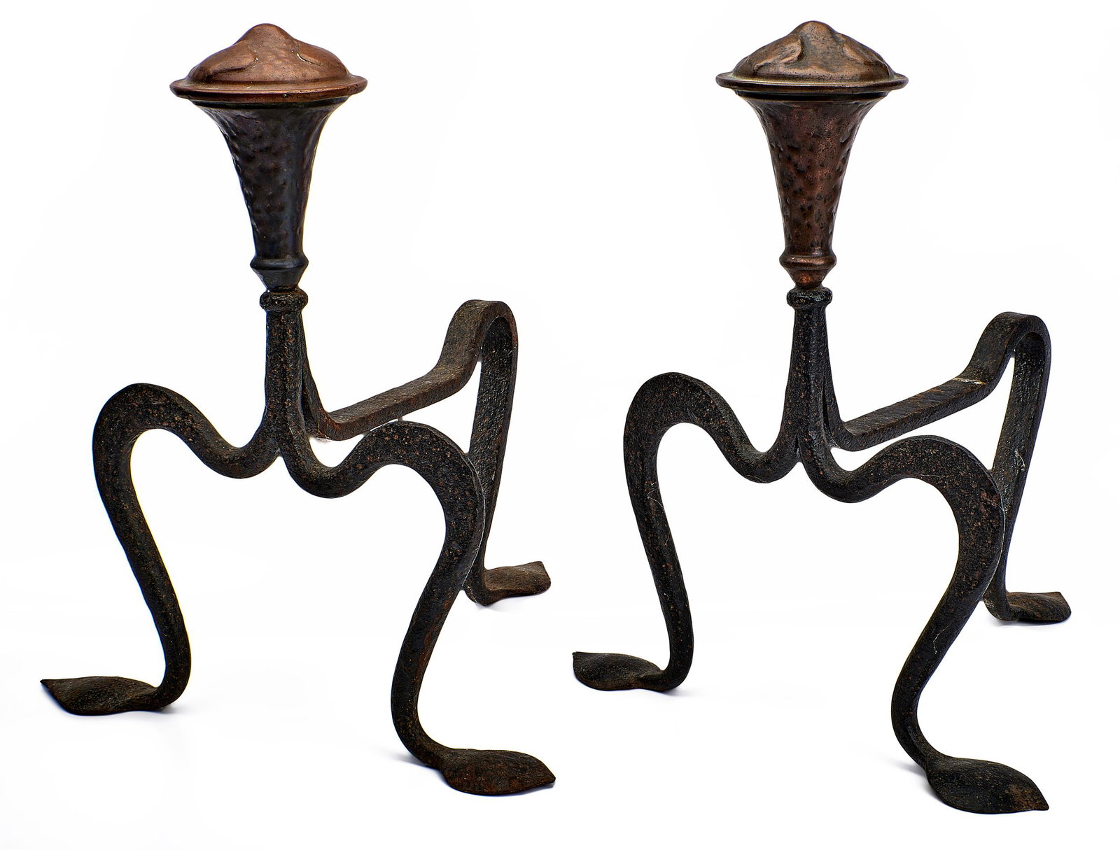 Arts & Crafts andirons, pair: Arts & Crafts andirons, pair hand-hammered copper, iron unmarked 14"h x 12"d x 12"w