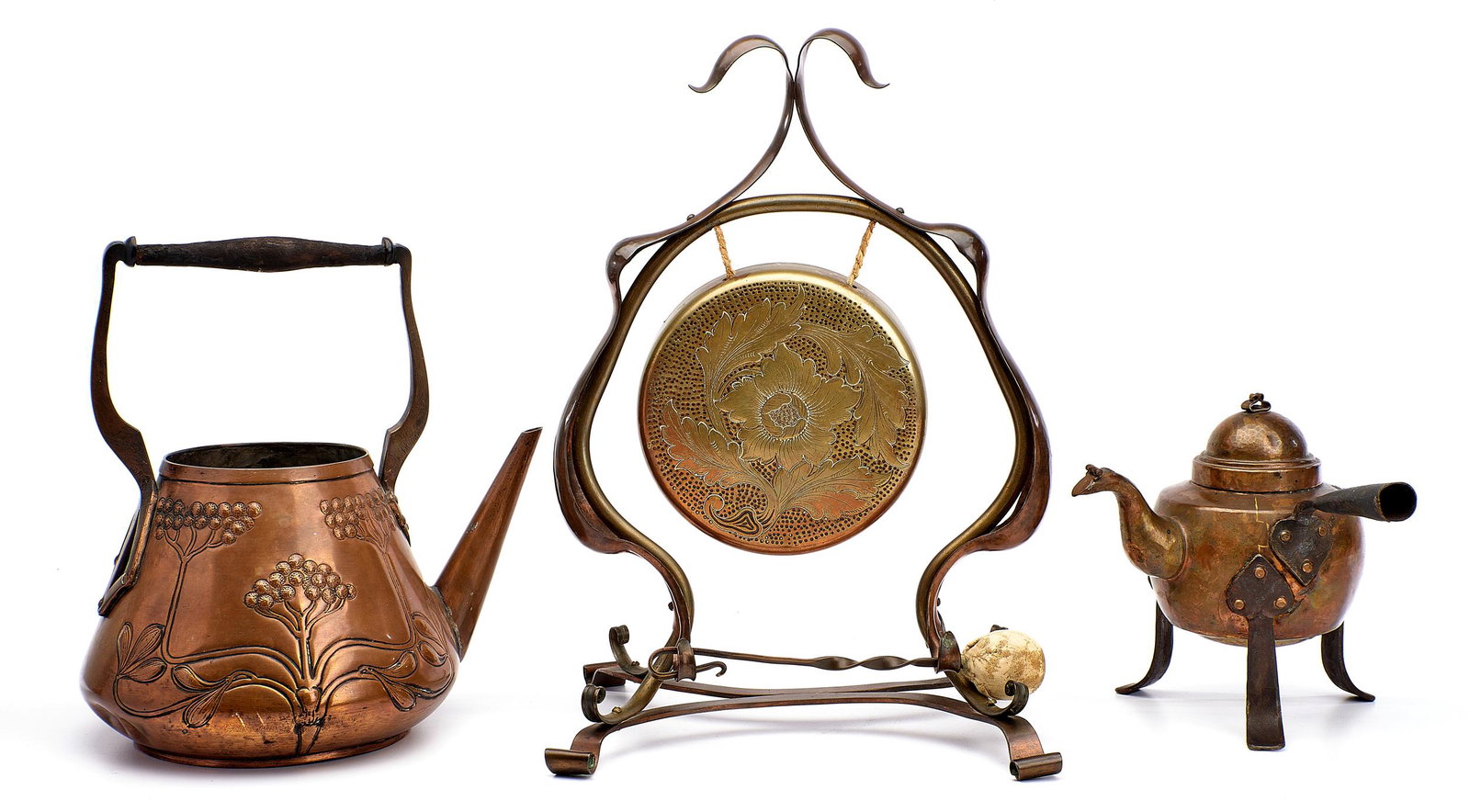 Arts & Crafts coffee pot with a hand-hammered copper: Arts & Crafts coffee pot hand-hammered copper, iron with a hand-hammered copper open kettle and an Art Nouveau copper and brass gong and mallet 7"h x 9"w