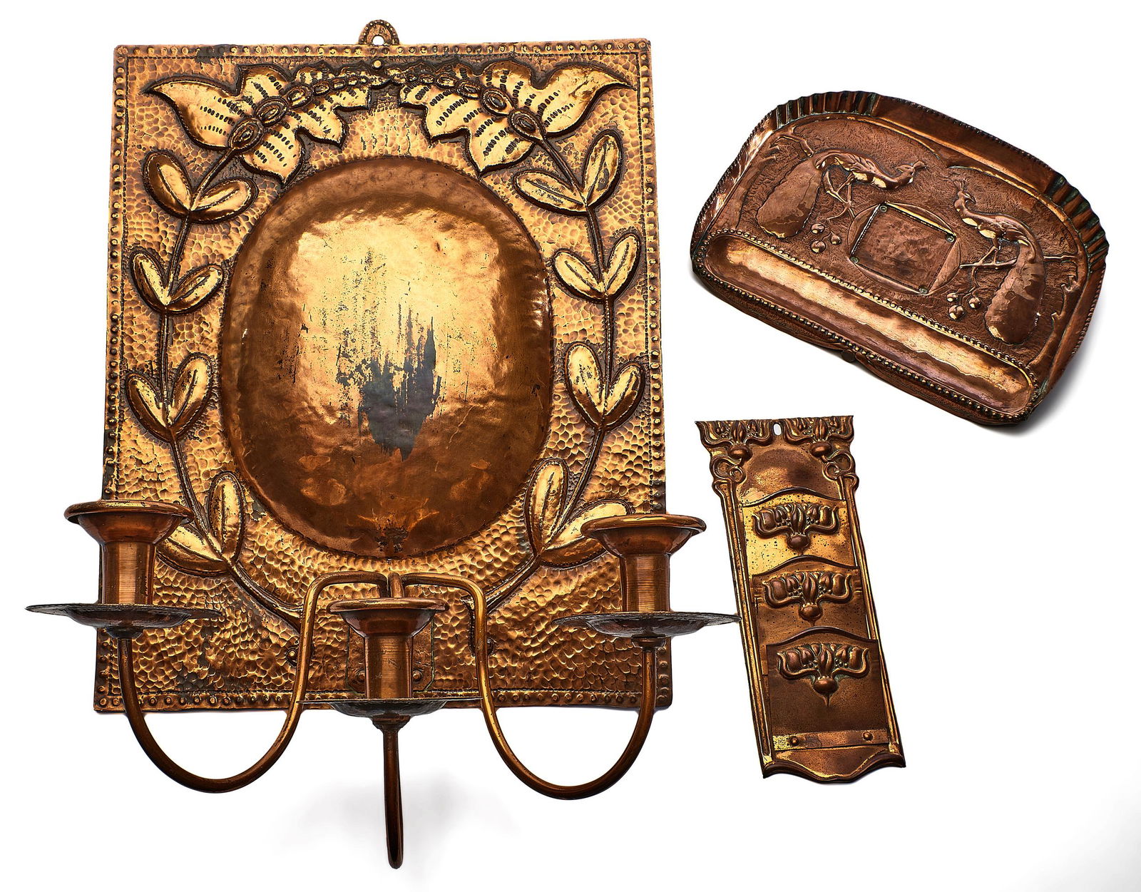 Beldray wall mount letter holder with a hand-hammered: Beldraywall mount letter holderEnglandcopperimpressed markwith a hand-hammered copper Peacock inkwell tray and candle wall sconce9"h x 4"w