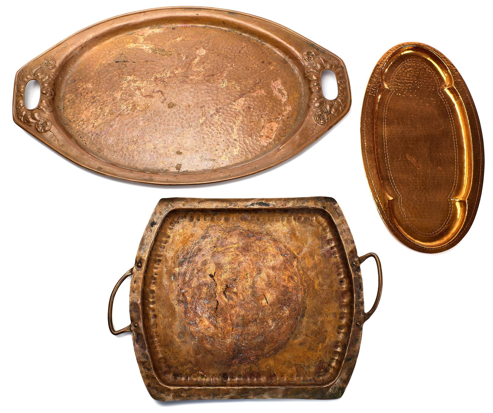 Old Mission Kopperkraft tray, with a Glander Ornamental: Old Mission Kopperkraft tray San Francisco, CA copper impressed mark with a Glander Ornamental Iron Works copper tray, and an Arts & Crafts copper tray 8.25"w x 15"l