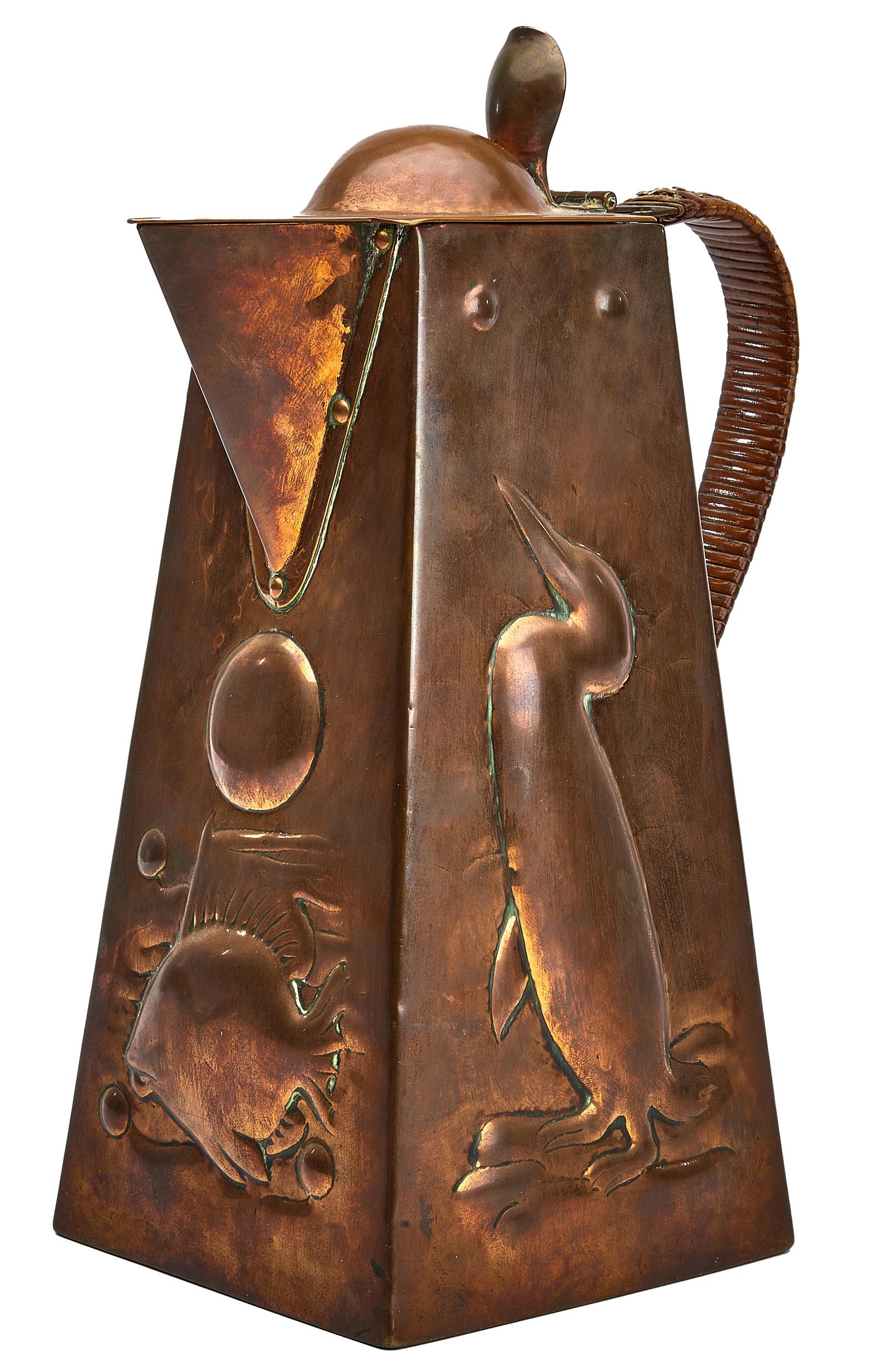 Newlyn School Arts & Crafts Penguin water jug,: Newlyn School Arts & Crafts, attributed Penguin water jug Cornwall, England hand-hammered copper, wicker unmarked 10"h x 7"w