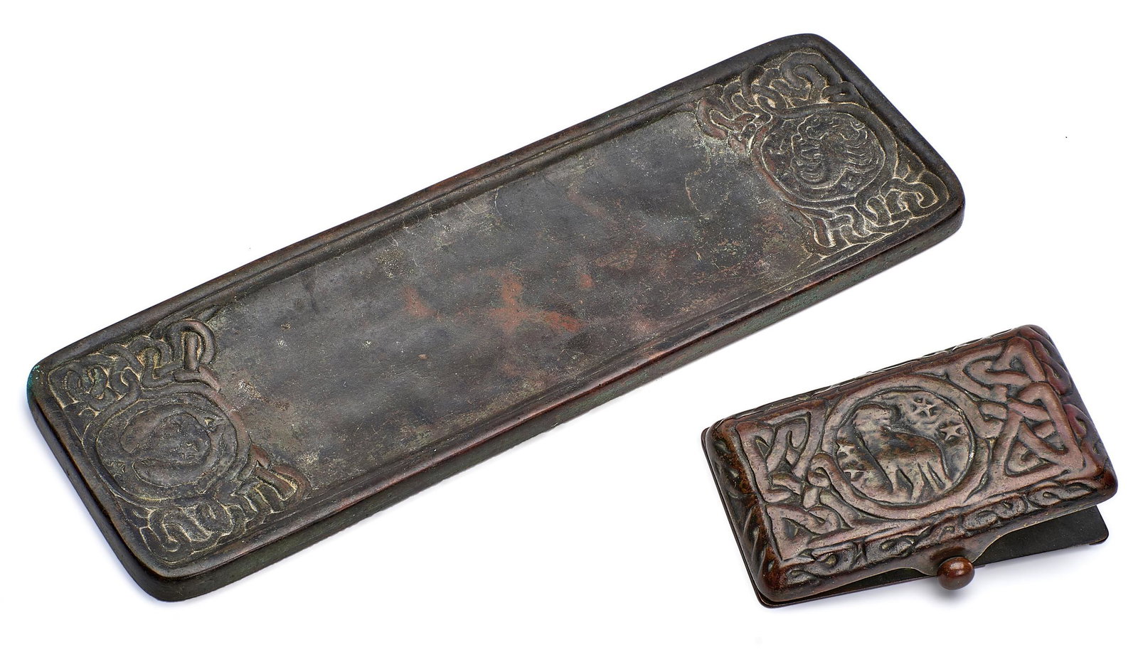 Tiffany Studios Zodiac paperclip and pen tray: Tiffany Studios Zodiac paperclip and pen tray New York, NY bronze impressed marks larger: 10"l x 3'w
