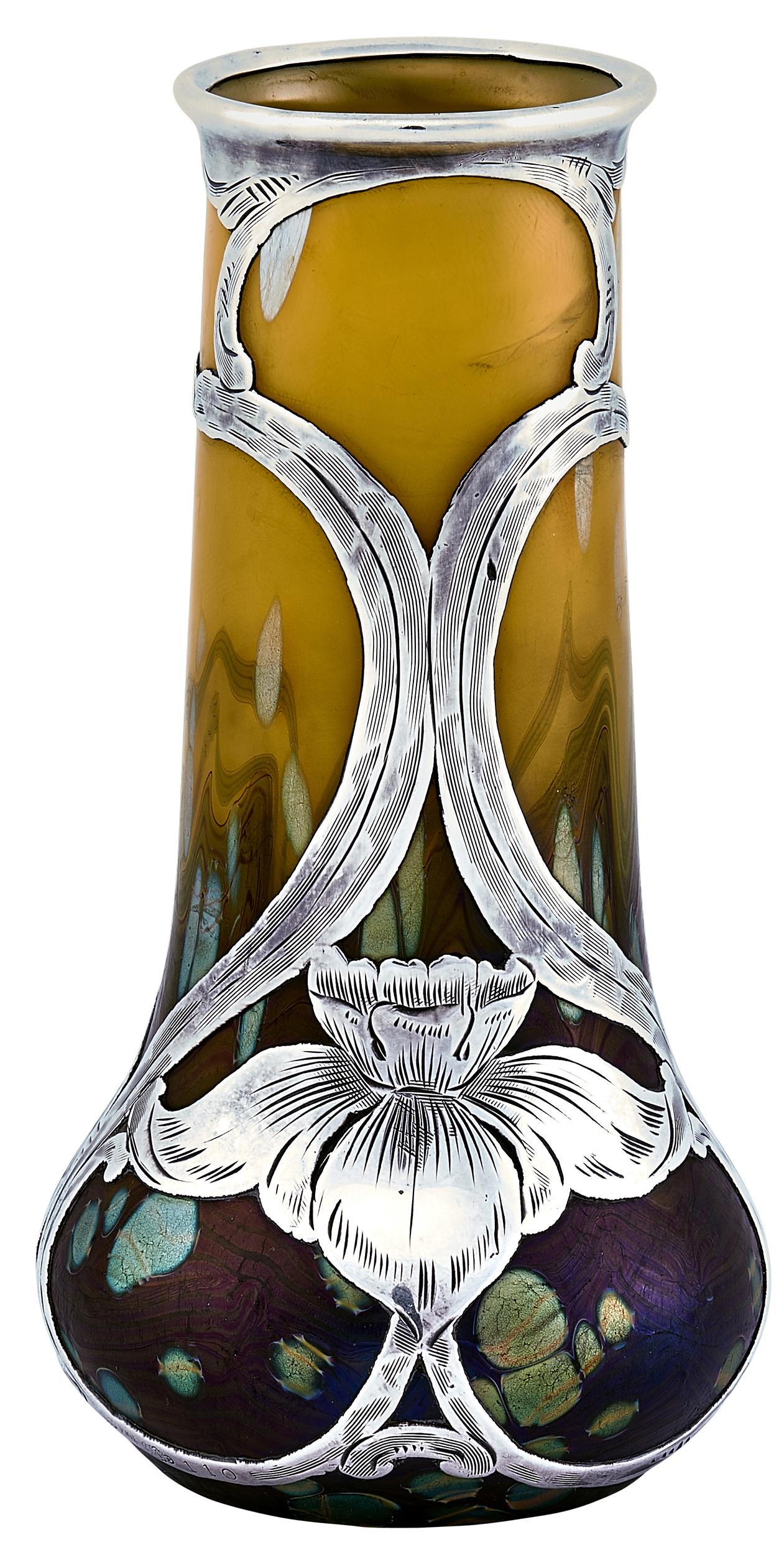 Loetz vase: LoetzvaseAustria iridescent glass, sterling silver unsigned5.5"h x 3"dia