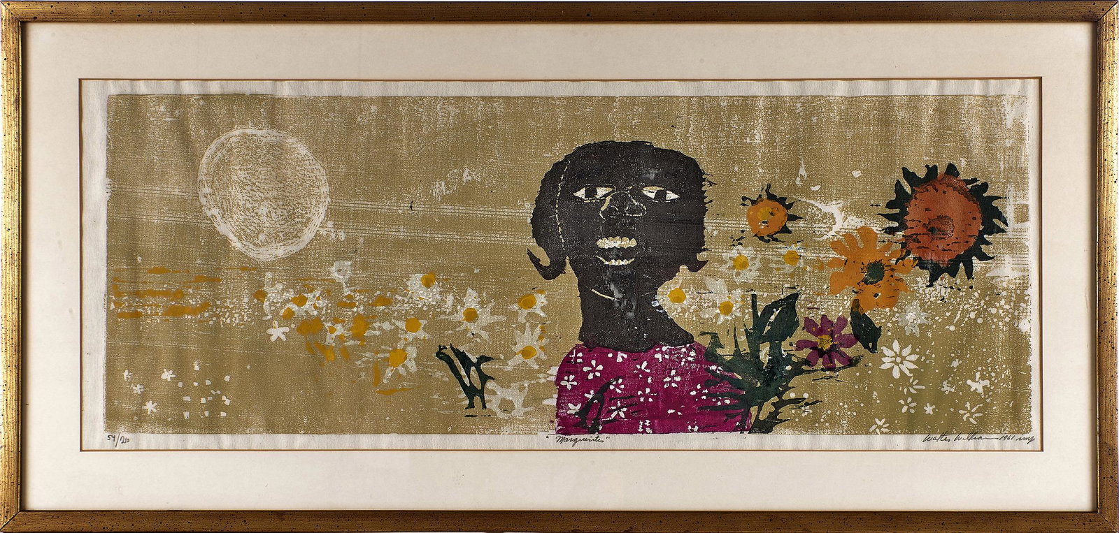 Walter Henry Williams (American, 1920-1988) Marguerite: Walter Henry Williams (American, 1920-1988) Marguerite color woodcut signed 12.25"h x 32"w overall: 18"h x 36.5"w