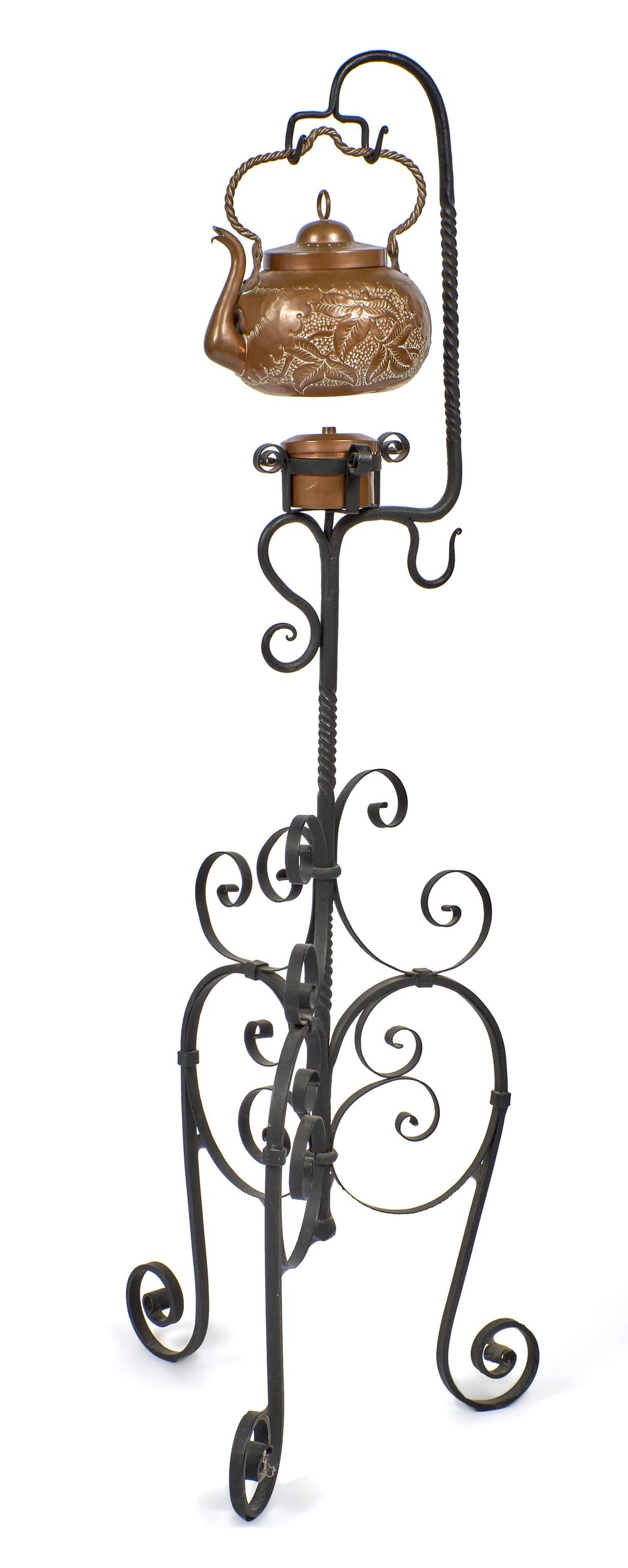 English Arts & Crafts tea kettle and warmer with iron: English Arts & Crafts tea kettle and warmer with stand England copper and iron unmarked 49"h x 12'w