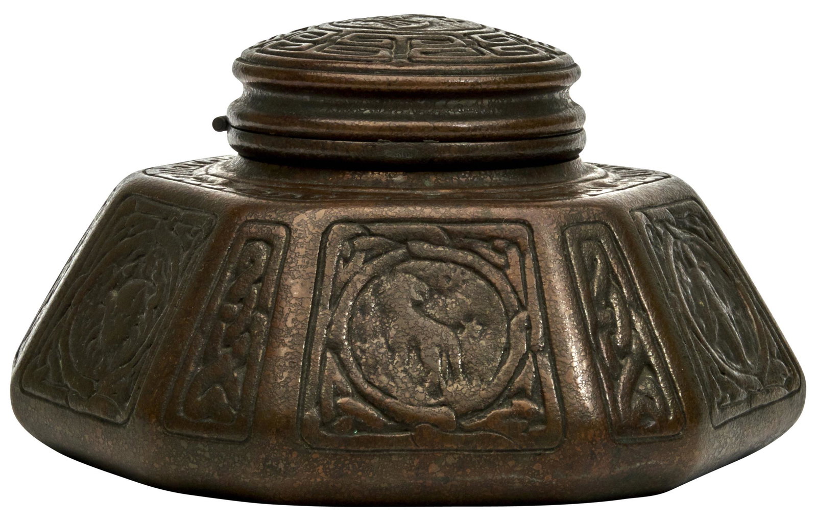 Tiffany Studios Zodiac inkwell: Tiffany Studios Zodiac inkwell New York, NY bronze impressed marks 3.5"h x 6.5"dia