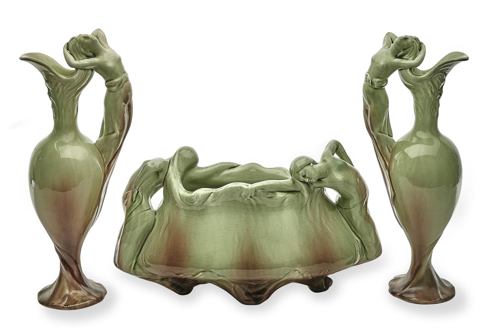 Delphin Massier vases, group of three: Delphin Massier vases, group of three Vallauris, France glazed ceramic unsigned tallest: 15.5"h x 6"w 