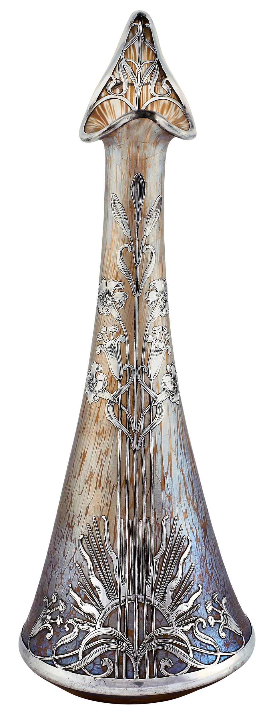 Loetz vase: Loetz Vase Austria iridescent glass, sterling silver unsigned 12"h x 4.5"dia