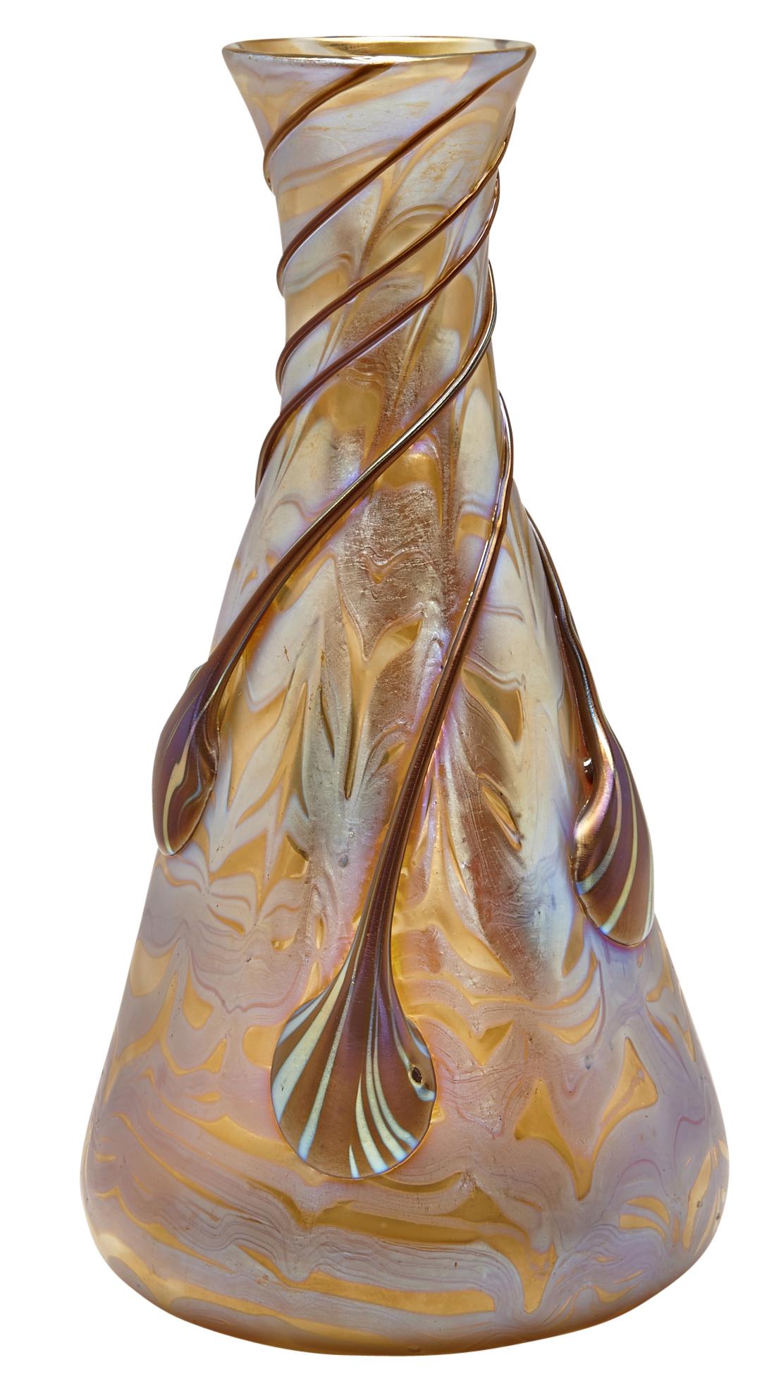 Loetz vase: Loetz Phaenomen vase Austria pulled, decorated, and applied iridescent glass signed 9.5"h x 5.5"dia