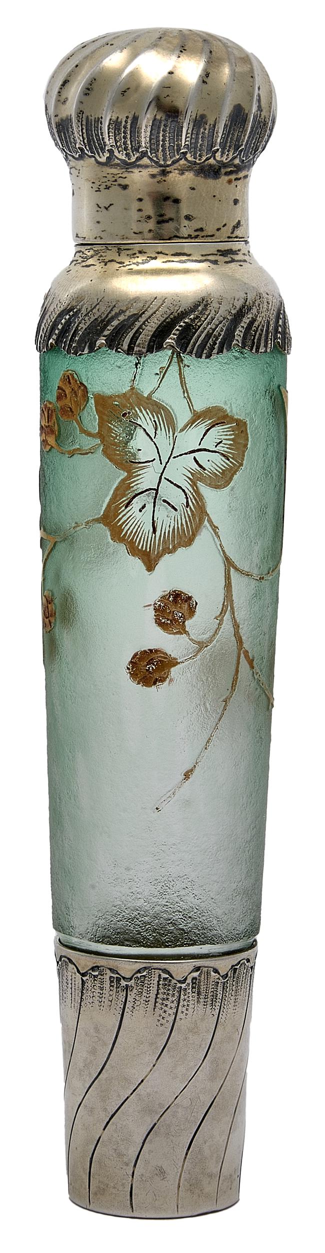 Daum perfume bottle: Daumperfume bottleNancy, Francesilver, cameo-cut and enameled glassimpressed hallmarks, signed on bottom of glass vessel5.75"h x 1.25"dia