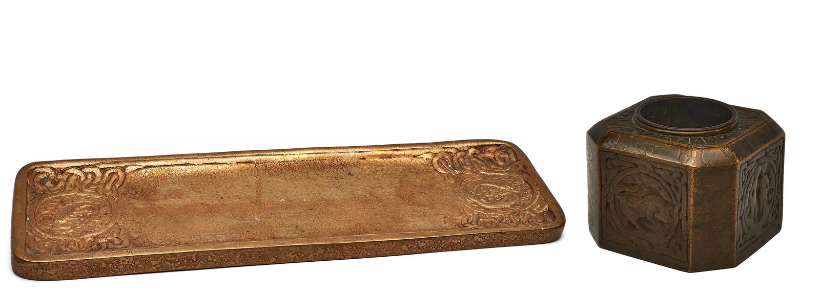 Tiffany Studios Zodiac desk items, two: Tiffany Studios Zodiac pen tray New York, NY