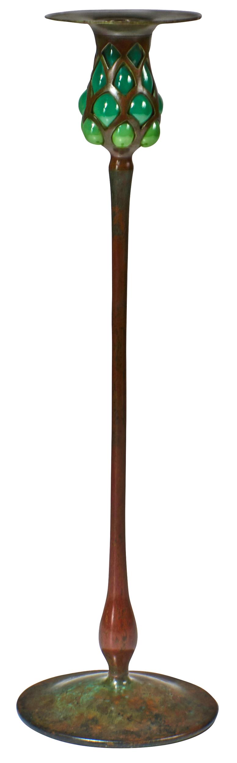 Tiffany Studios candlestick: Tiffany Studios Pineapple candlestick New York, NY glass and bronze impressed marks 18"h x 5"dia