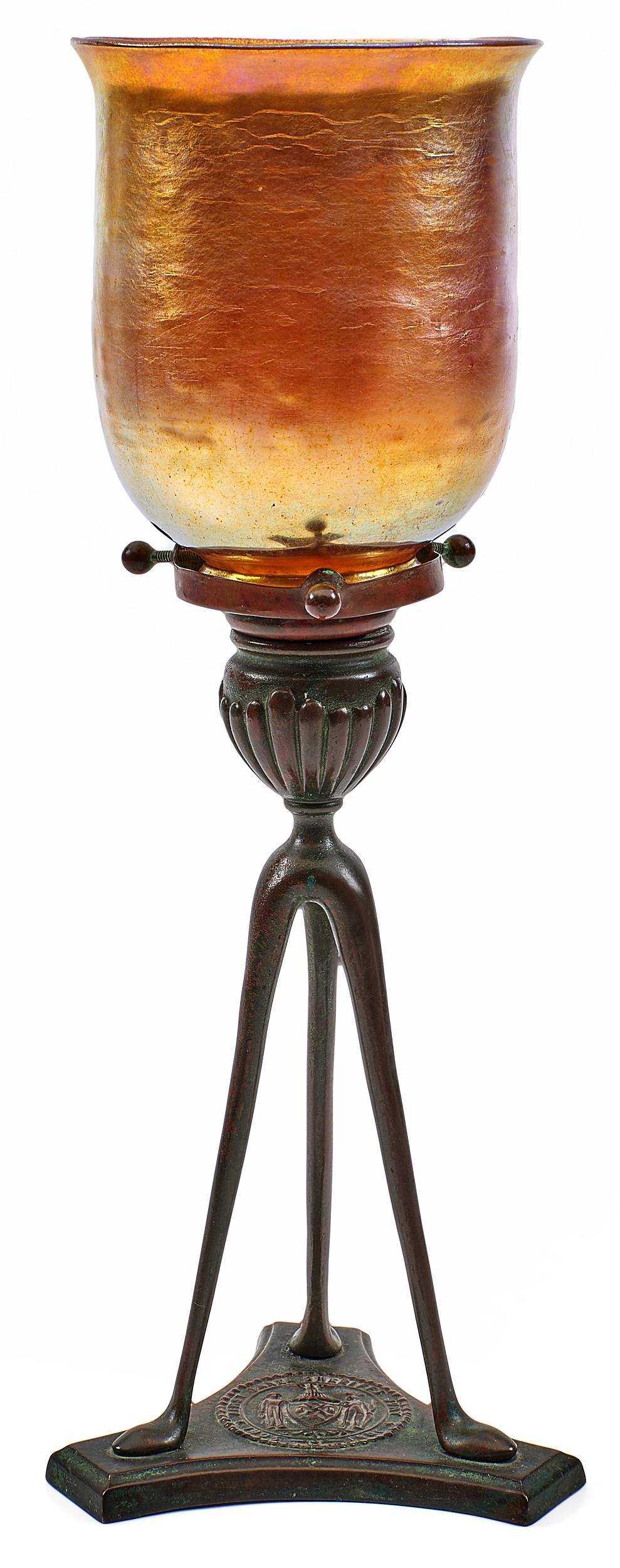 Tiffany Studios candlestick: Tiffany Studios candlestick New York, NY Favrile glass, bronze shade and stick both signed 13"h x 5"dia