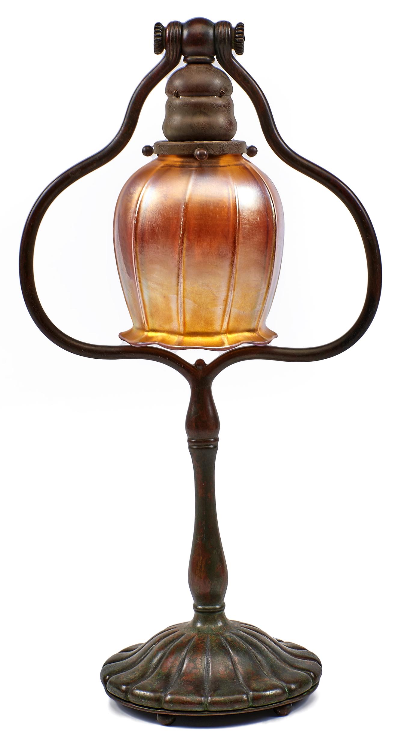 Tiffany Studios lamp: Tiffany Studios lamp New York, NY bronze, Favrile glass shade and base signed 18"h x 9"w 