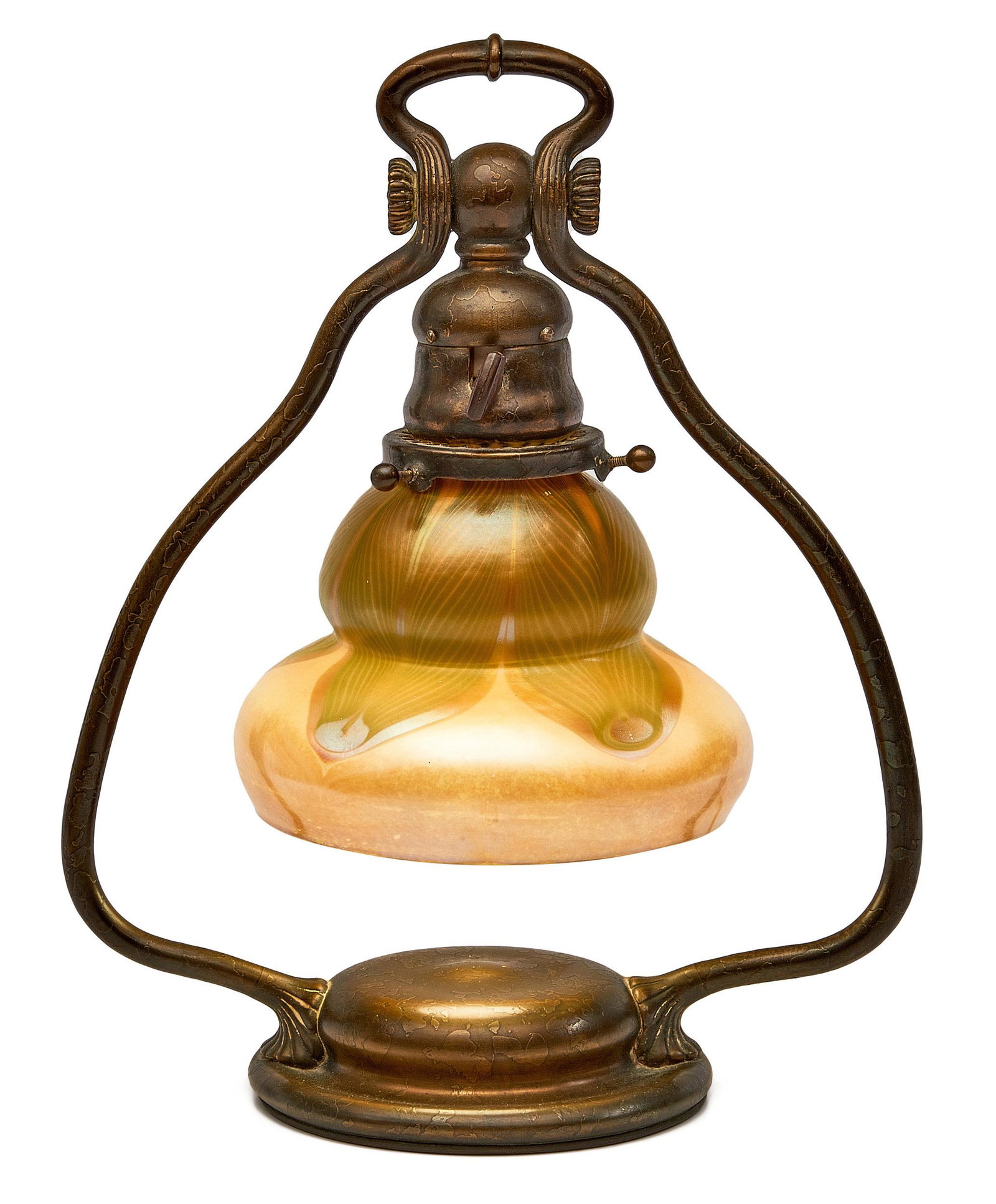 Tiffany Studios lamp: Tiffany Studios lamp New York, NY Favrile glass, bronze shade and base signed 11.75"h x 9.25"w