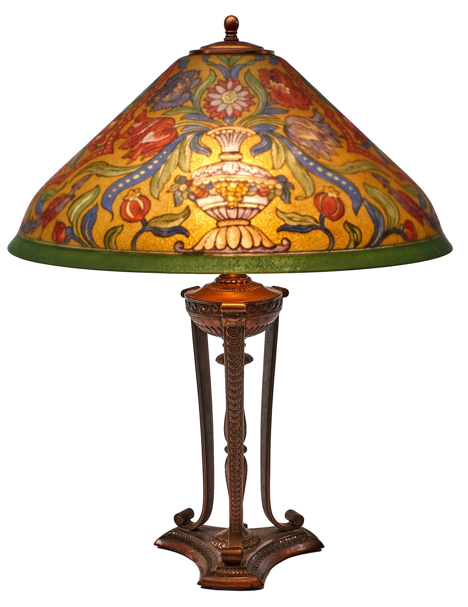 Pairpoint lamp: Pairpoint lamp New Bedford, MA reverse painted glass, bronzed metal base and shade signed 22.5"h x 17"dia 