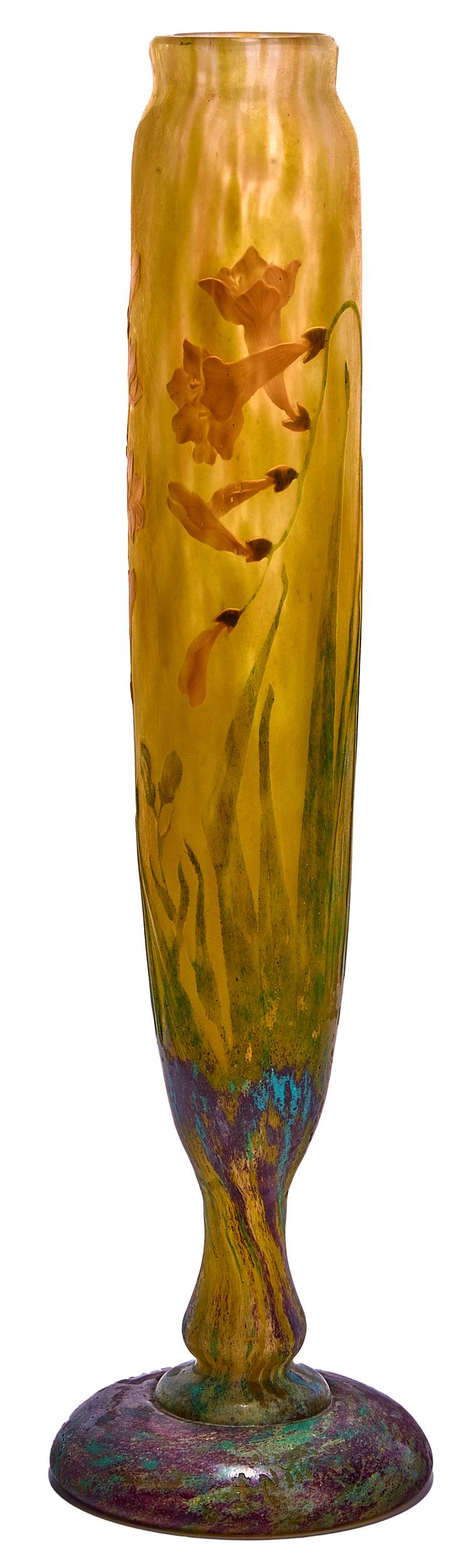 Daum vase: DaumvaseNancy, Franceinlaid and cameo cut, wheel carved glasssigned13"h x 3.5"dia