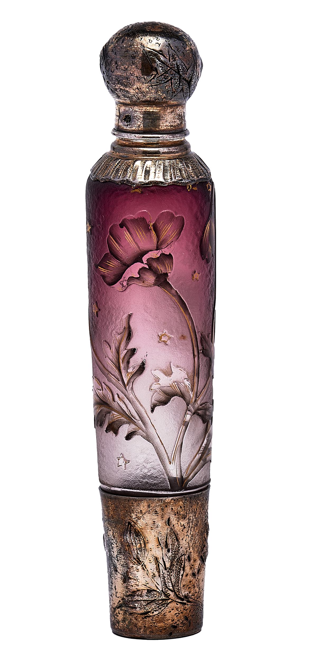 Daum perfume: Daumperfume bottleNancy, Francesilver, cameo-cut and enameled glassimpressed hallmarks, signed on bottom of glass vessel6"h x 1"dia