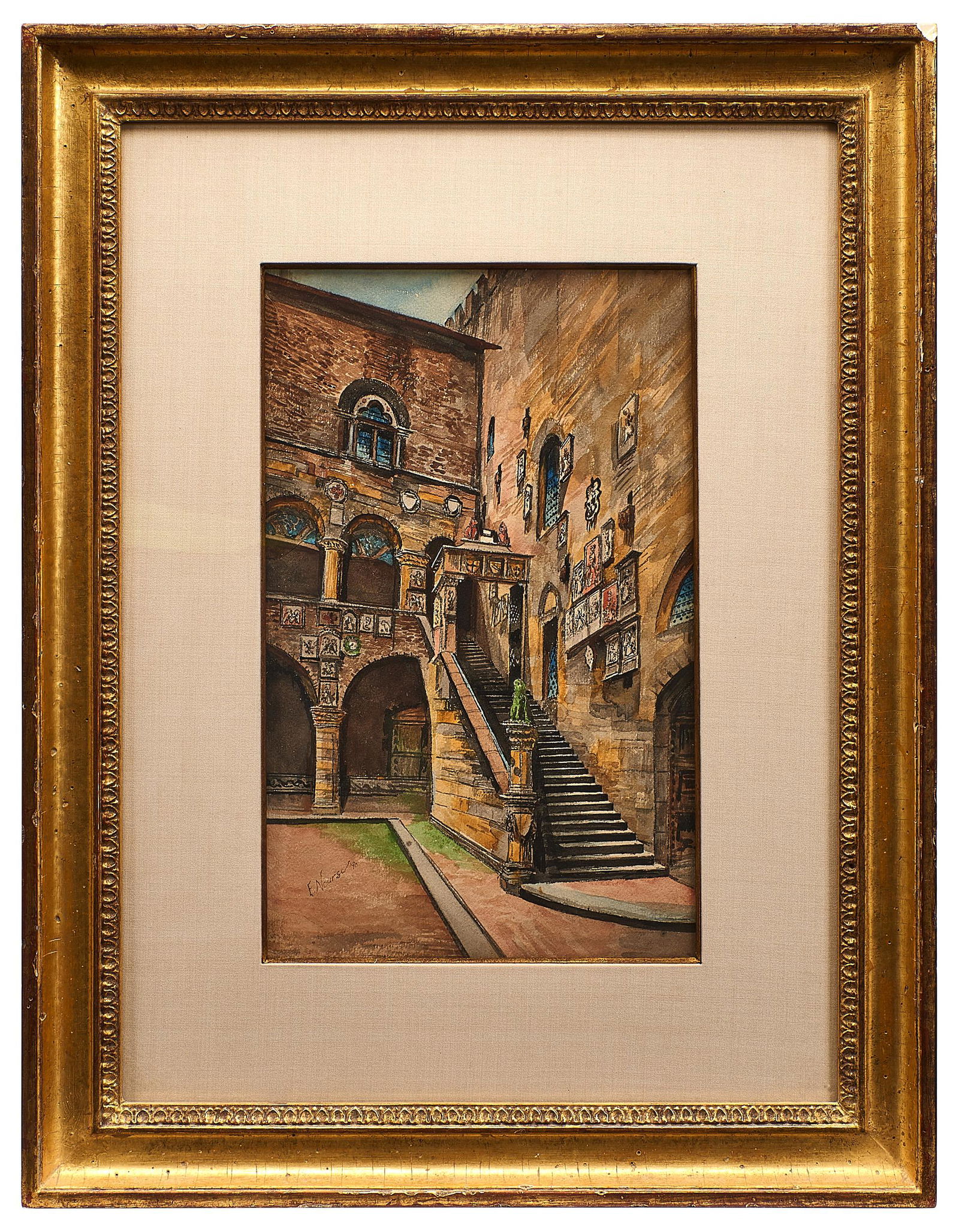 Elizabeth Nourse watercolor: Elizabeth Nourse(American, 1859-1938)The Bargello, Florence, 1890watercolorsigned, dated12"h x 8"woverall: 20.5"h x 16"w