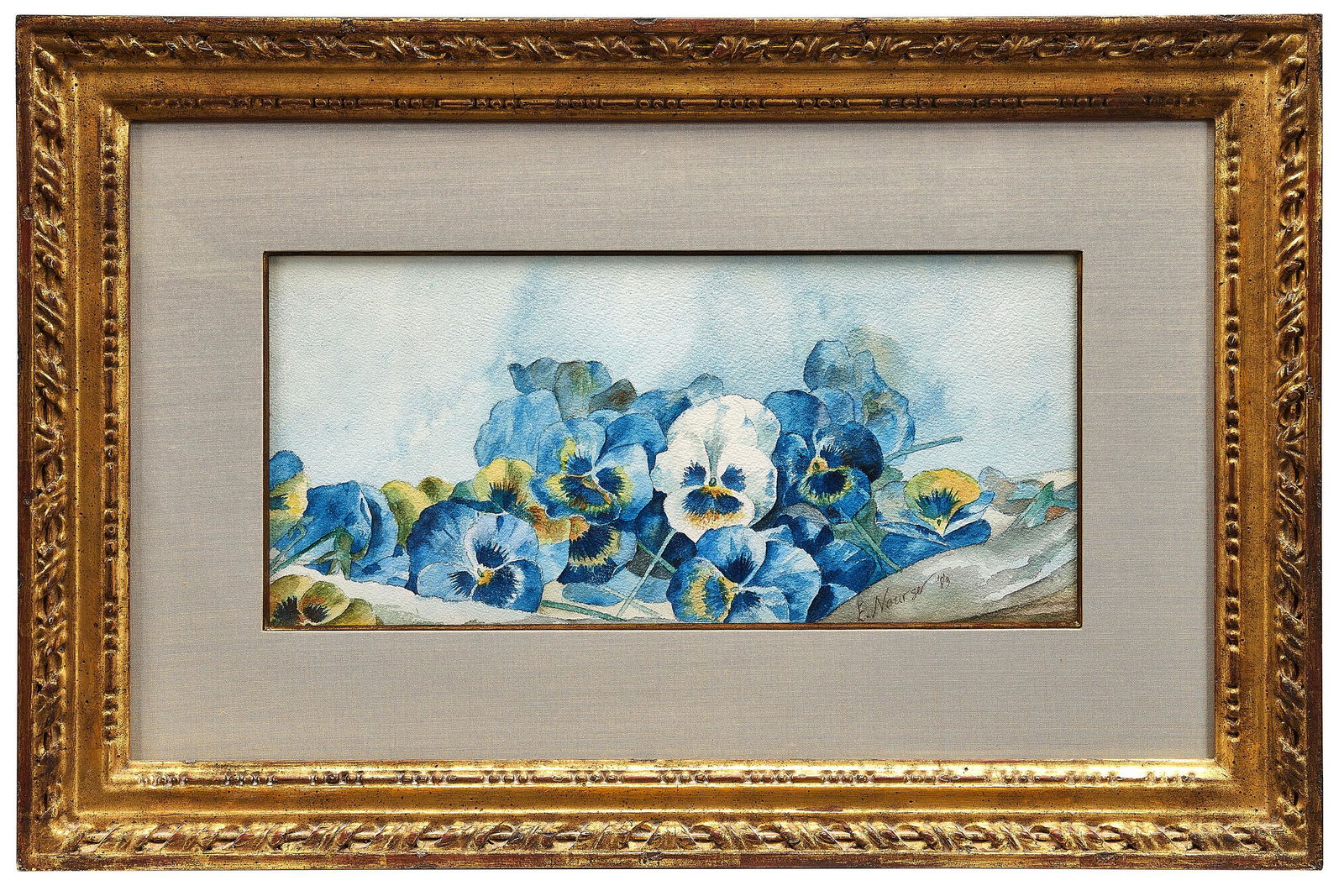 Elizabeth Nourse watercolor: Elizabeth Nourse(American, 1859-1938)Blue Pansies, 1883watercolorsigned, dated6.5"h x 13.75"woverall: 14"h x 21.5"w
