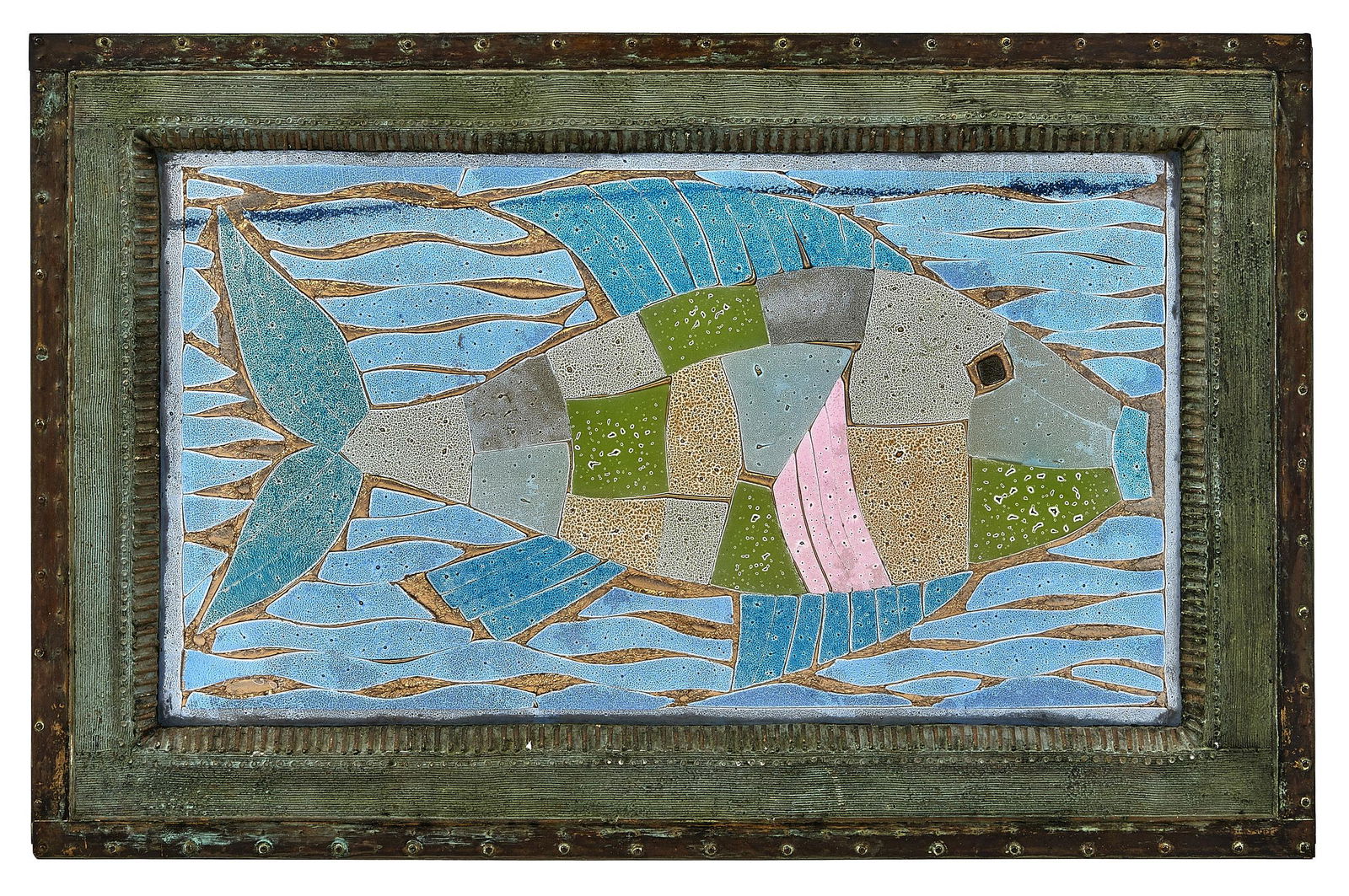 Michael Higgins wall hanging: Michael Higgins wall hanging Chicagoglass, enamelsigned, dated 197213.5"h x 7.5"woverall: 17"h x 11"w