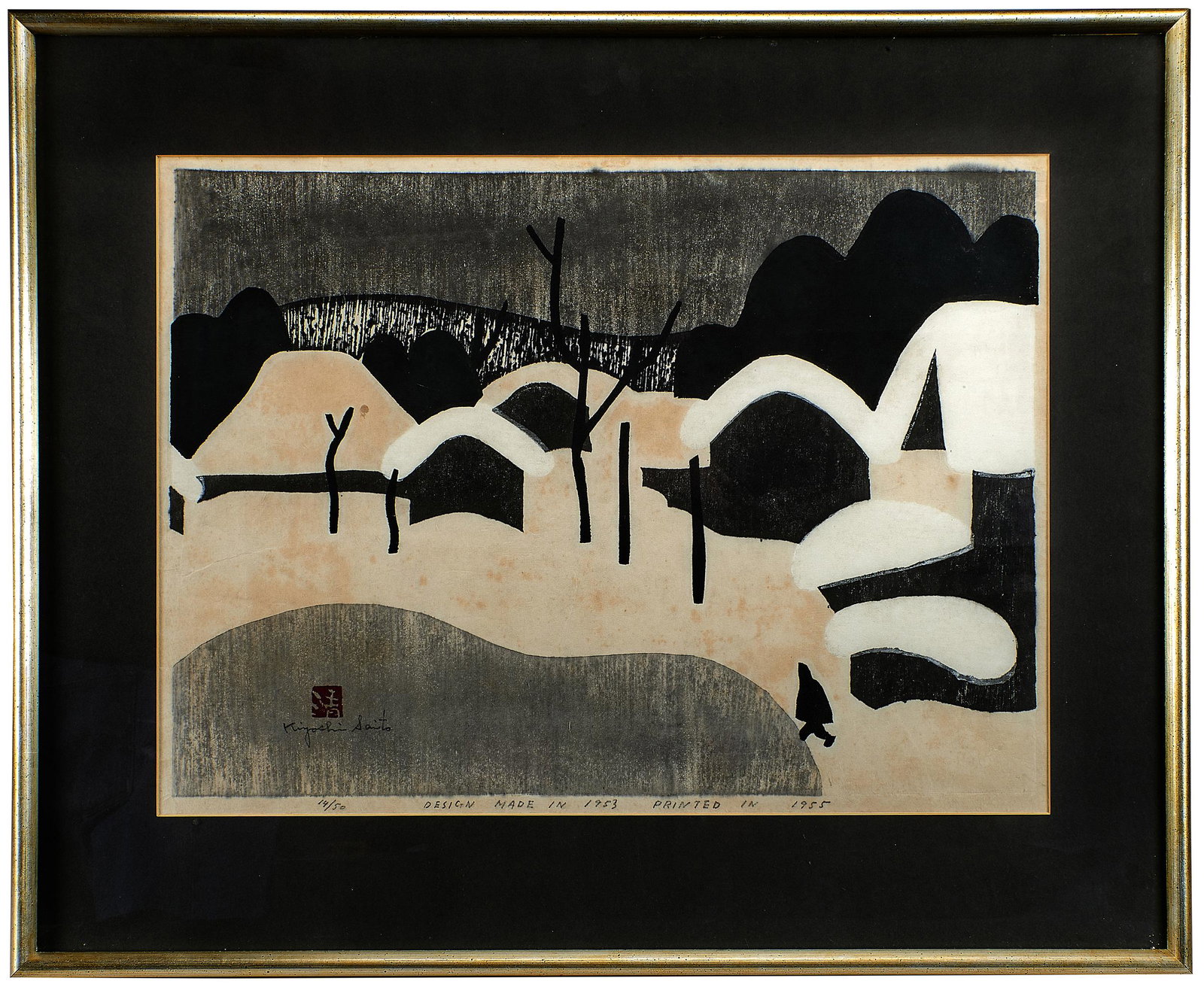 Kiyoshi Saito print: Kiyoshi SaitoWinter in Aizu printJapansigned, numbered, dated 195516"h x 22"woverall: 23.5"h x 29"w