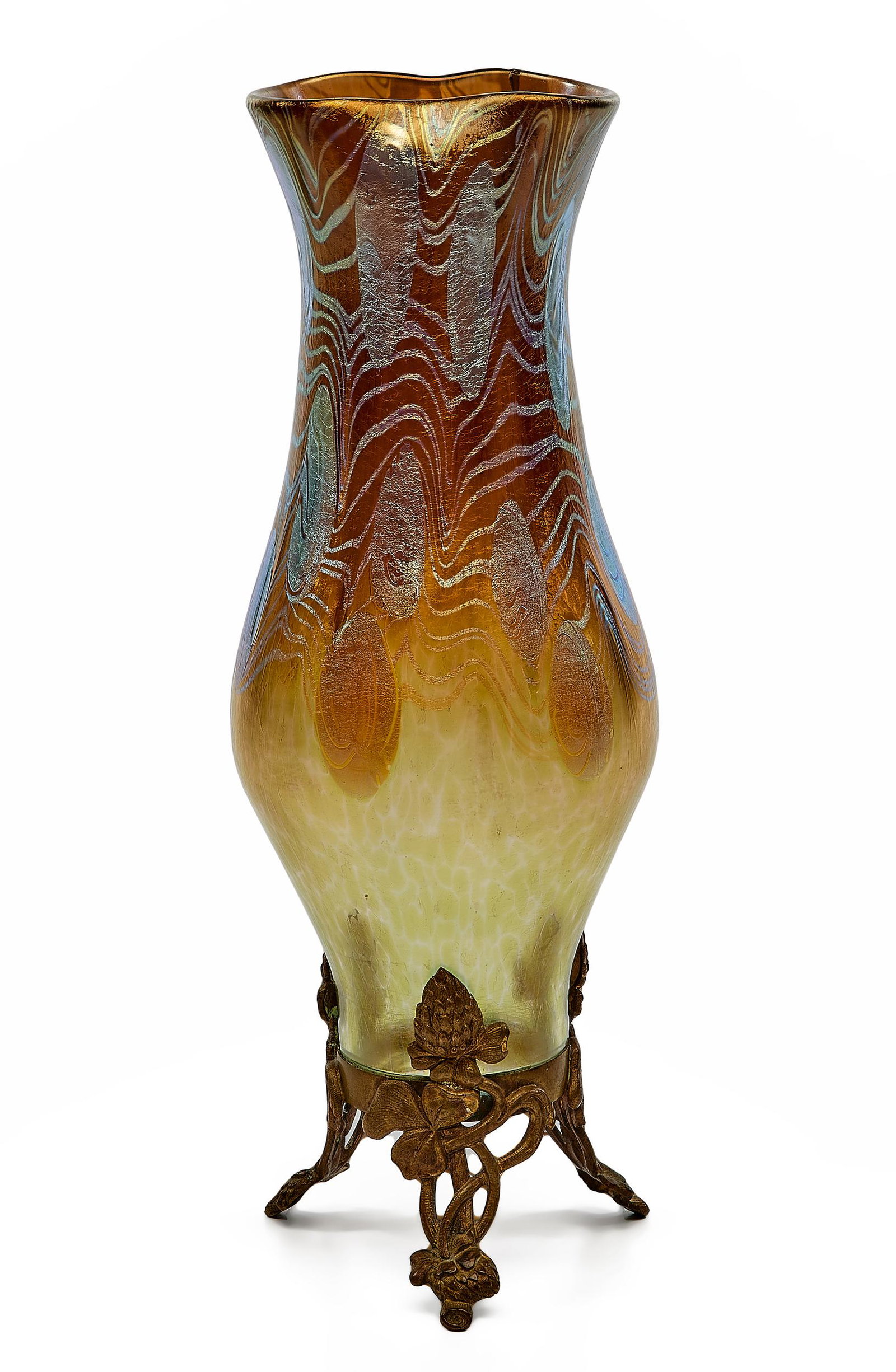 Loetz vase: Loetz Argus vase Austria glass, metal unmarked 9.75"h x 3.5"dia