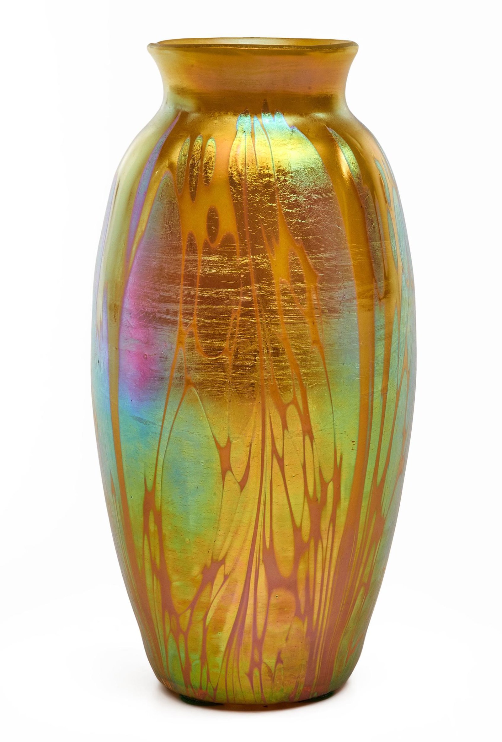 Loetz vase: LoetzMetallic-yellow Medici vaseAustriaglassunmarked7.25"h x 3.5"dia