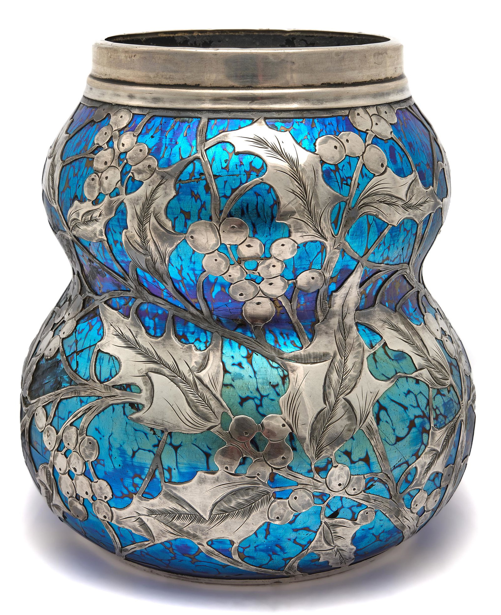 Loetz vessel: LoetzCobalt Papillon vesselAustriaglass, silverunmarked6.5"h x 5.5"dia 