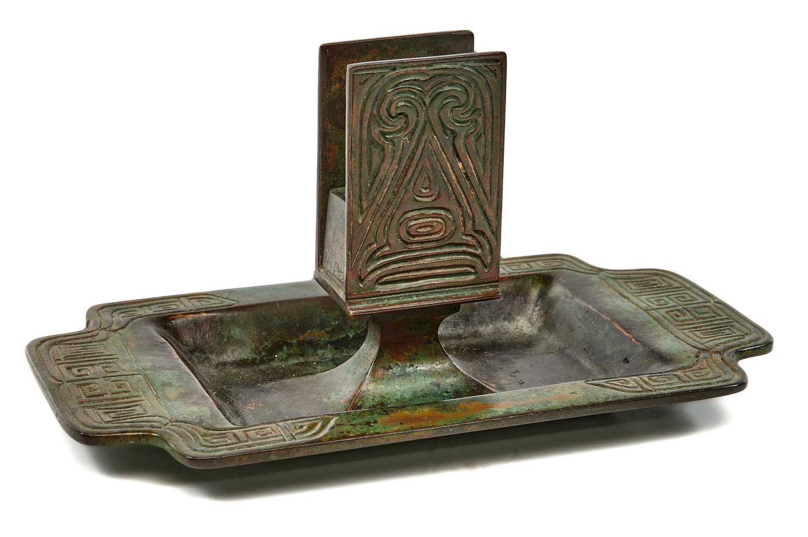 Tiffany Studios ashtray: Tiffany Studios Chinese match holder and ashtray New York, NY bronze impressed mark 3"h x 7"w