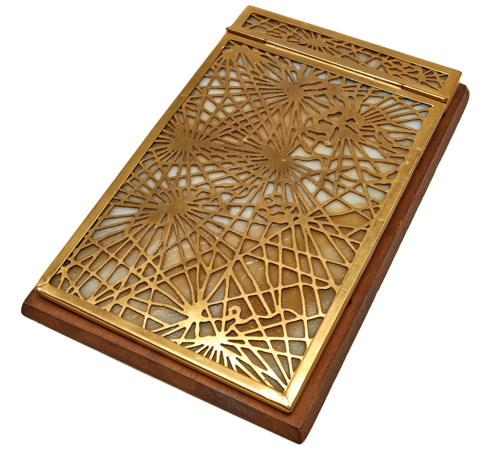 Tiffany Studios notepad holder: Tiffany Studios Pine Needle notepad holder New York, NY bronze, glass, wood impressed mark 7.5"h x 5"w