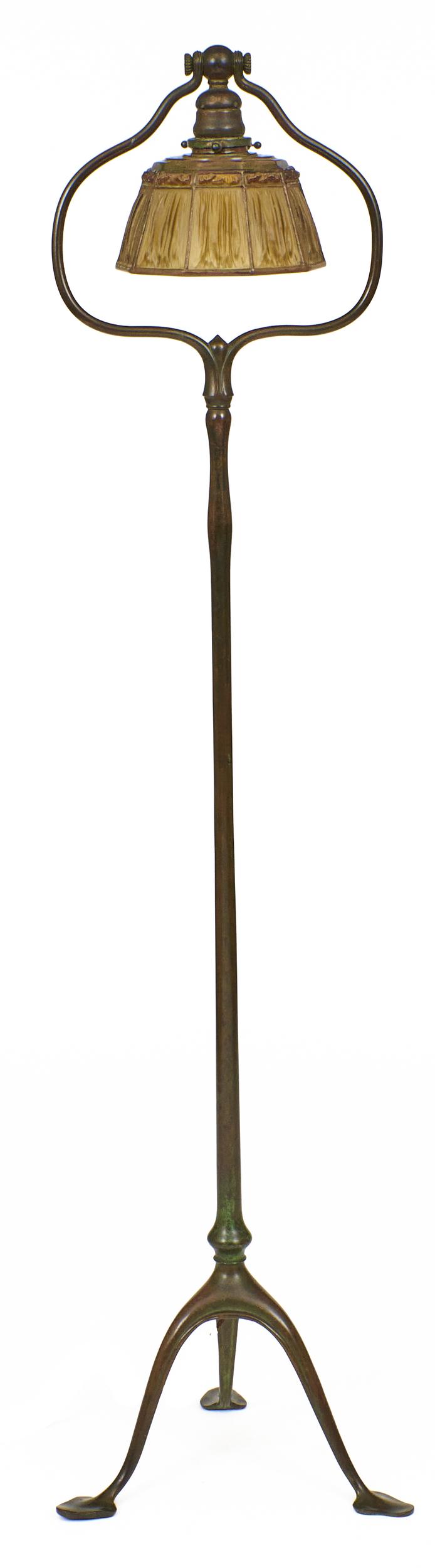 Tiffany Studios floor lamp: Tiffany Studios Linen Fold lamp New York, NY bronze, glass impressed mark on base, shade signed 54.5"h x 12"w
