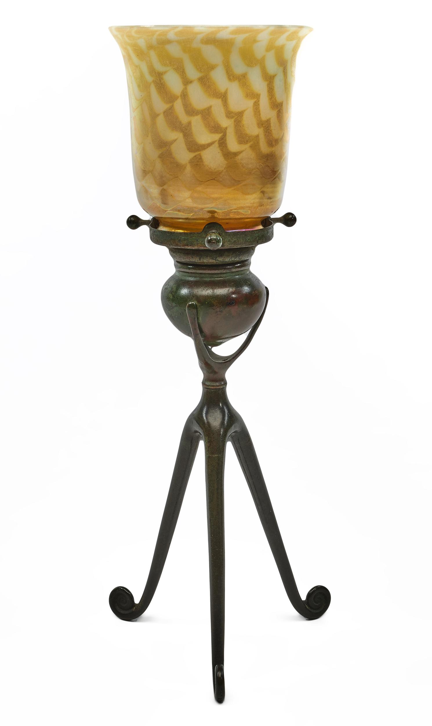 Tiffany Studios candlestick: Tiffany Studios candlestick New York, NY bronze, Favrile glass impressed mark, etched signature 12.5"h x 4"dia
