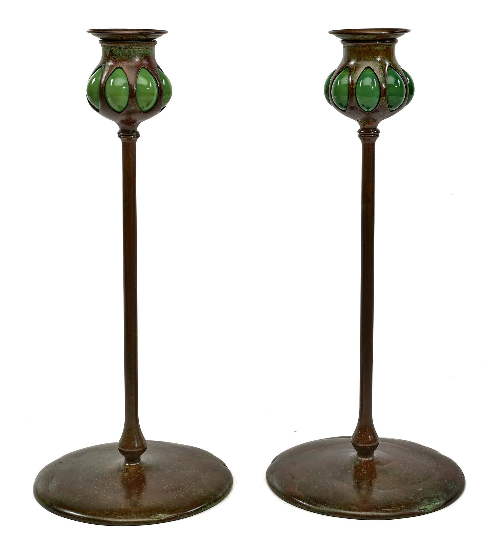 Tiffany Studios candlesticks: Tiffany Studios candlesticks, pair New York, NY bronze, glass impressed mark 12.25"h x 5.5"dia